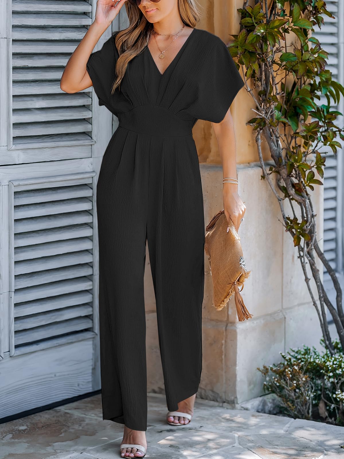 CUPSHE Damen Jumpsuit V-Ausschnitt Kurze Dolman-Ärmel Overall Weites Bein Strampler Lang Playsuit Sommer Elegant Hosenanzug