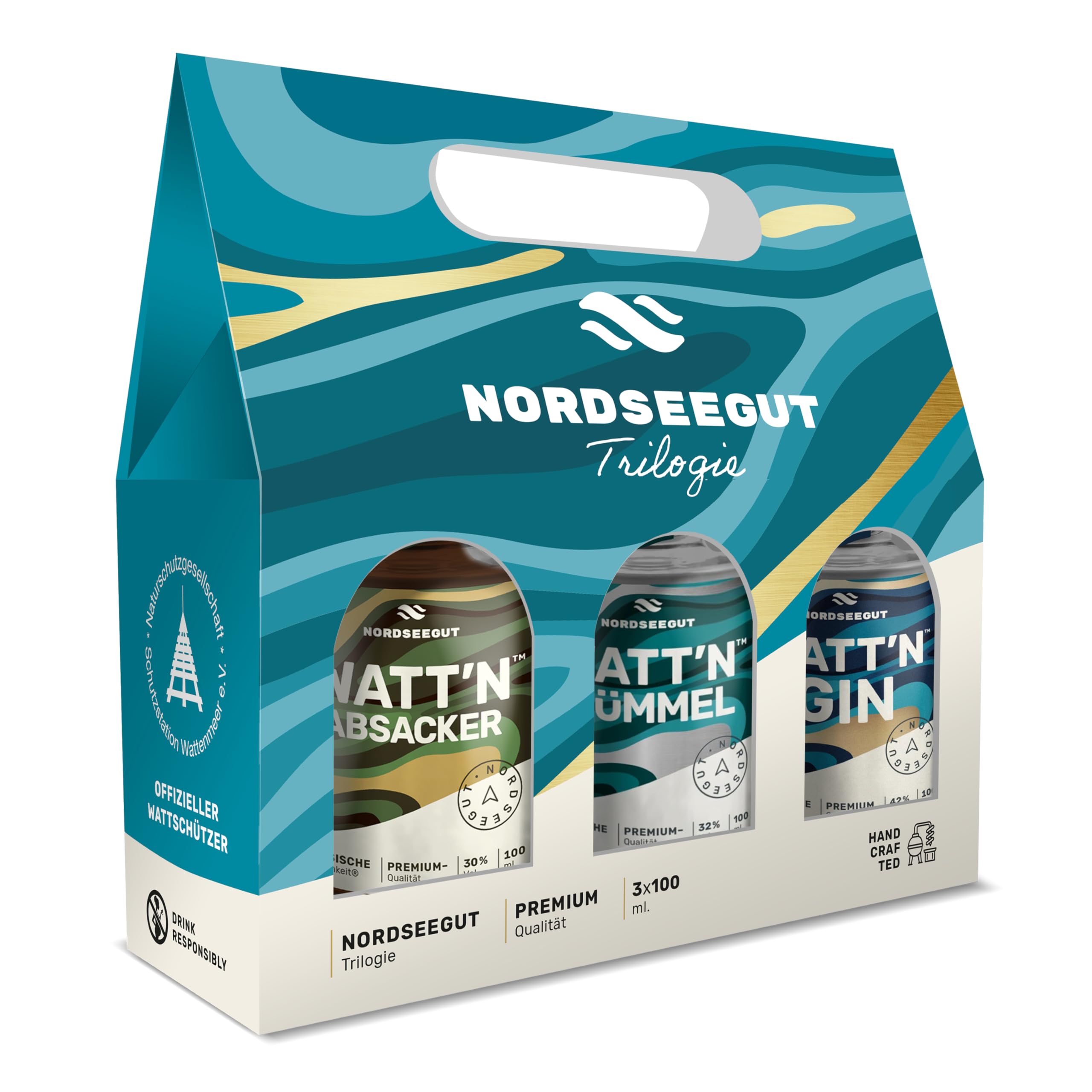 NORDSEEGUT WATT'N Trilogie Geschenkset, 3x100ml Spirituosen Set mit Gin 42% Vol. Kümmel 32% Vol. und Absacker 30% Vol, Friesische Nordsee Kollektion in Tragetasche