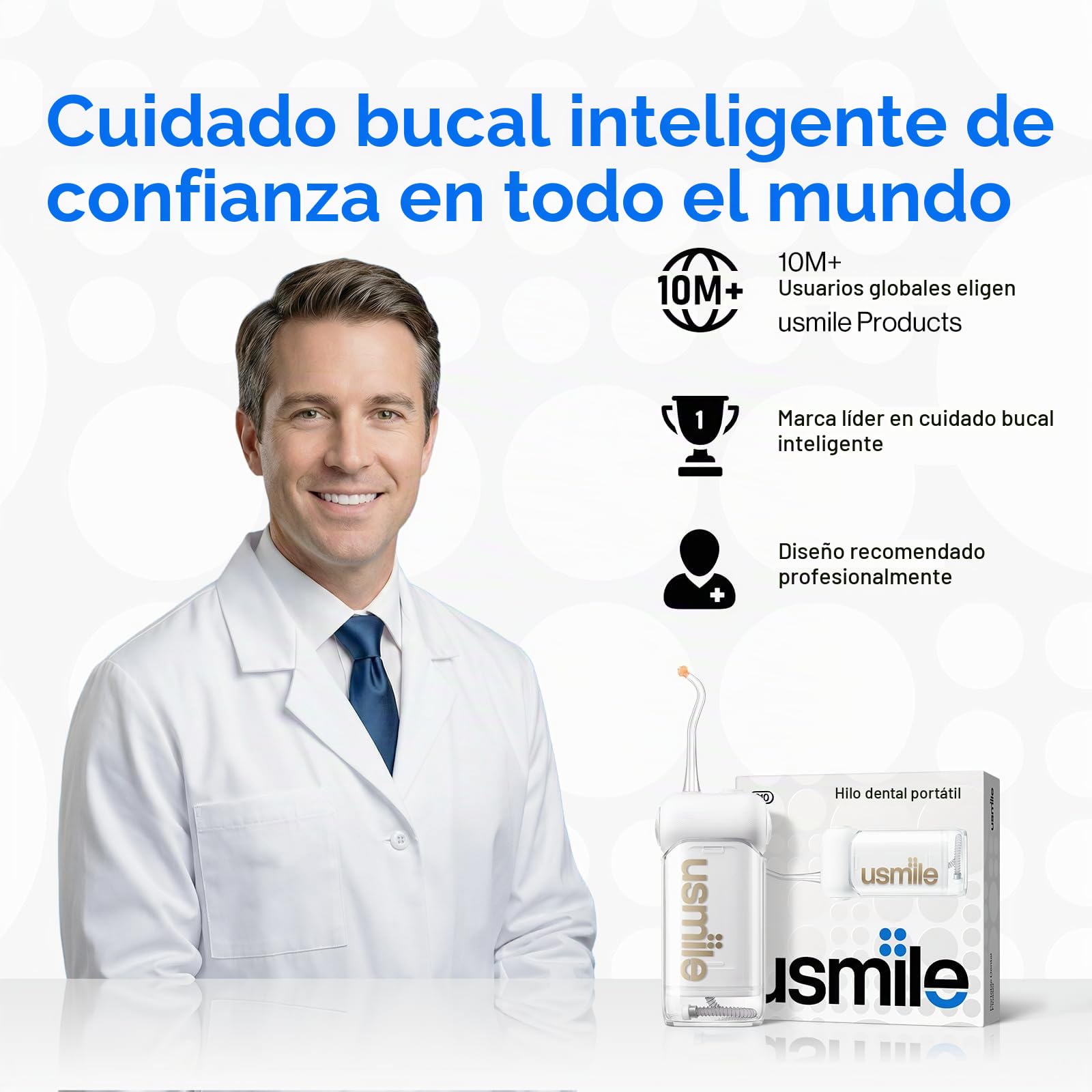 【Paquete 4 en 1】 Irrigador Bucal Portátil usmile C10 (Azul y Blanco), Estuche de Viaje y 2 Paquetes de 50 Palillos con Hilo Dental – Set Completo de Cuidado Bucal Familiar para el Hogar y Viaje