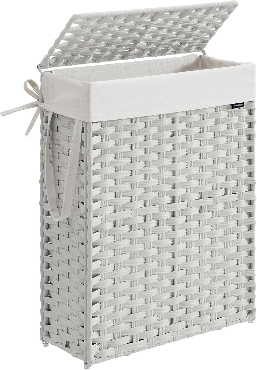 SONGMICS Slim Laundry Hamper with Lid, 14.5 Gallon (55L) Rattan Clothes Laundry Basket with Lid and Handles, Foldable, Removable Liner, Cloud White ULCB164W01