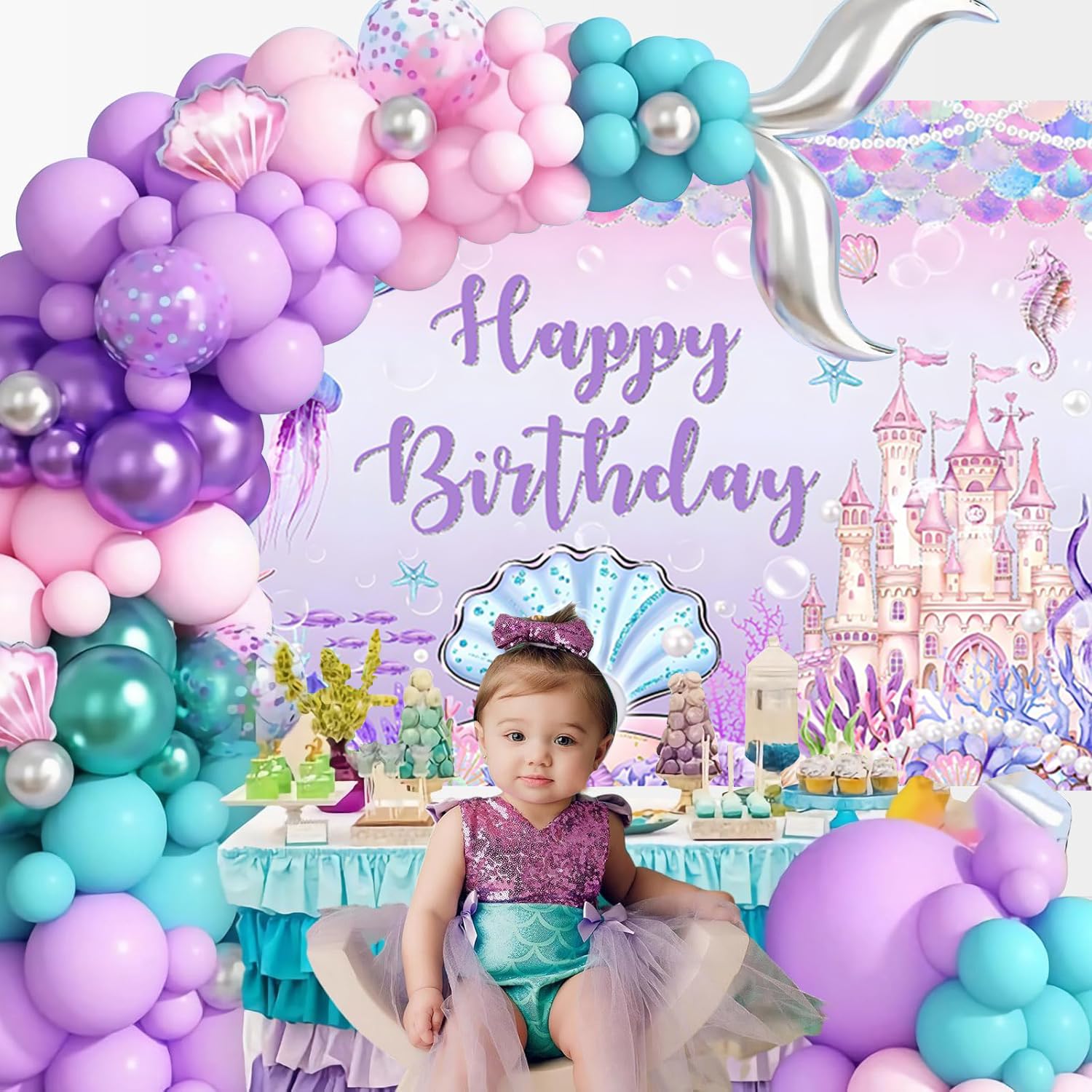 Meerjungfrau Geburtstag Foto Hintergrund 3.6x3m, Unter dem Meer Lila Meerjungfrau Schloss Perle Fotografie Hintergrund Prinzessin Mädchen Geburtstag Party Dekoration Banner Studio Requisiten