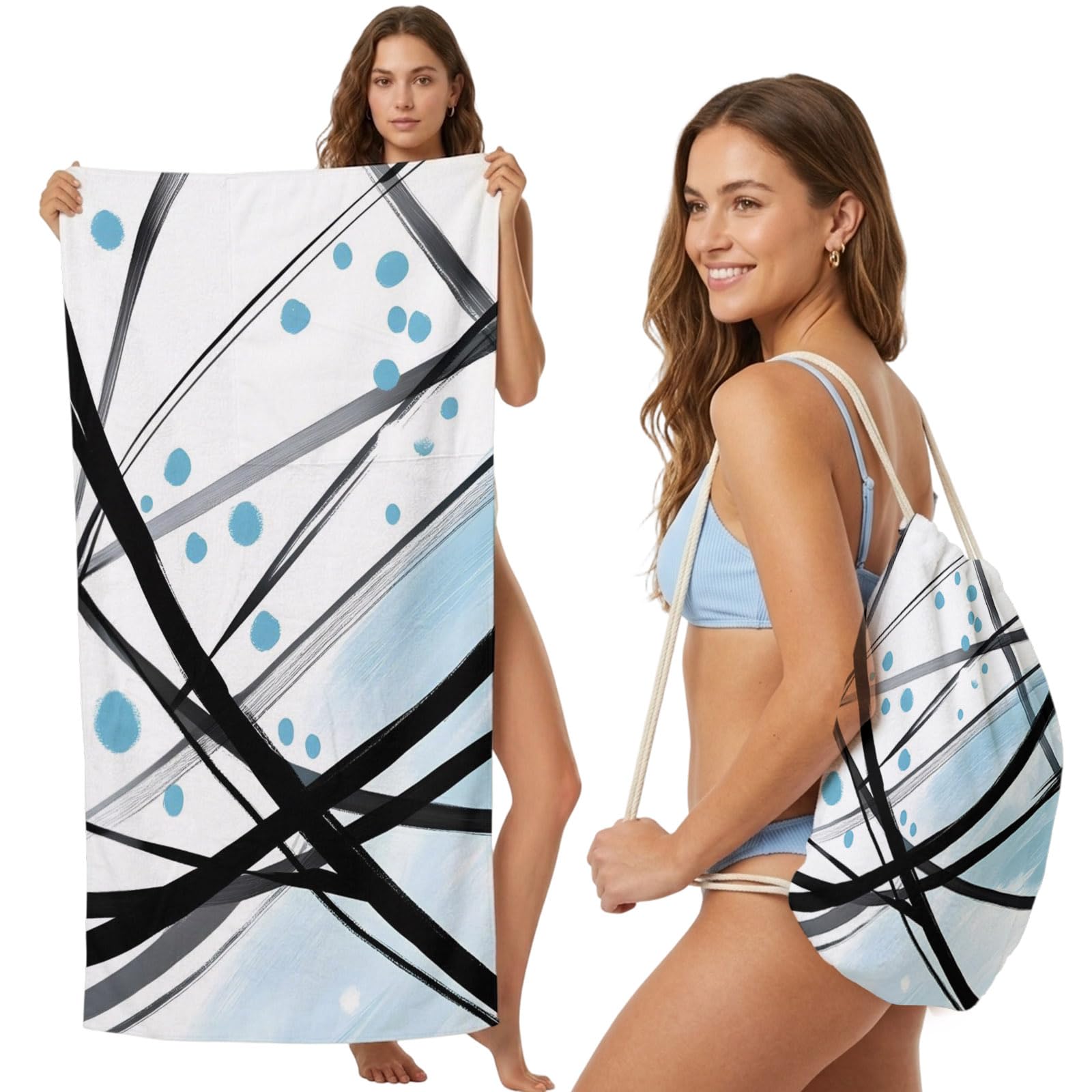 Beach Towel Bag 2 in 1 Blue Graffiti Lines Bath Pool Towels Backpack Abstract Dots Splashes Absorbent Beach Towel Soft Quick Dry Lightweight Packable Towels Drawstring Bag for Travel Sports Yoga