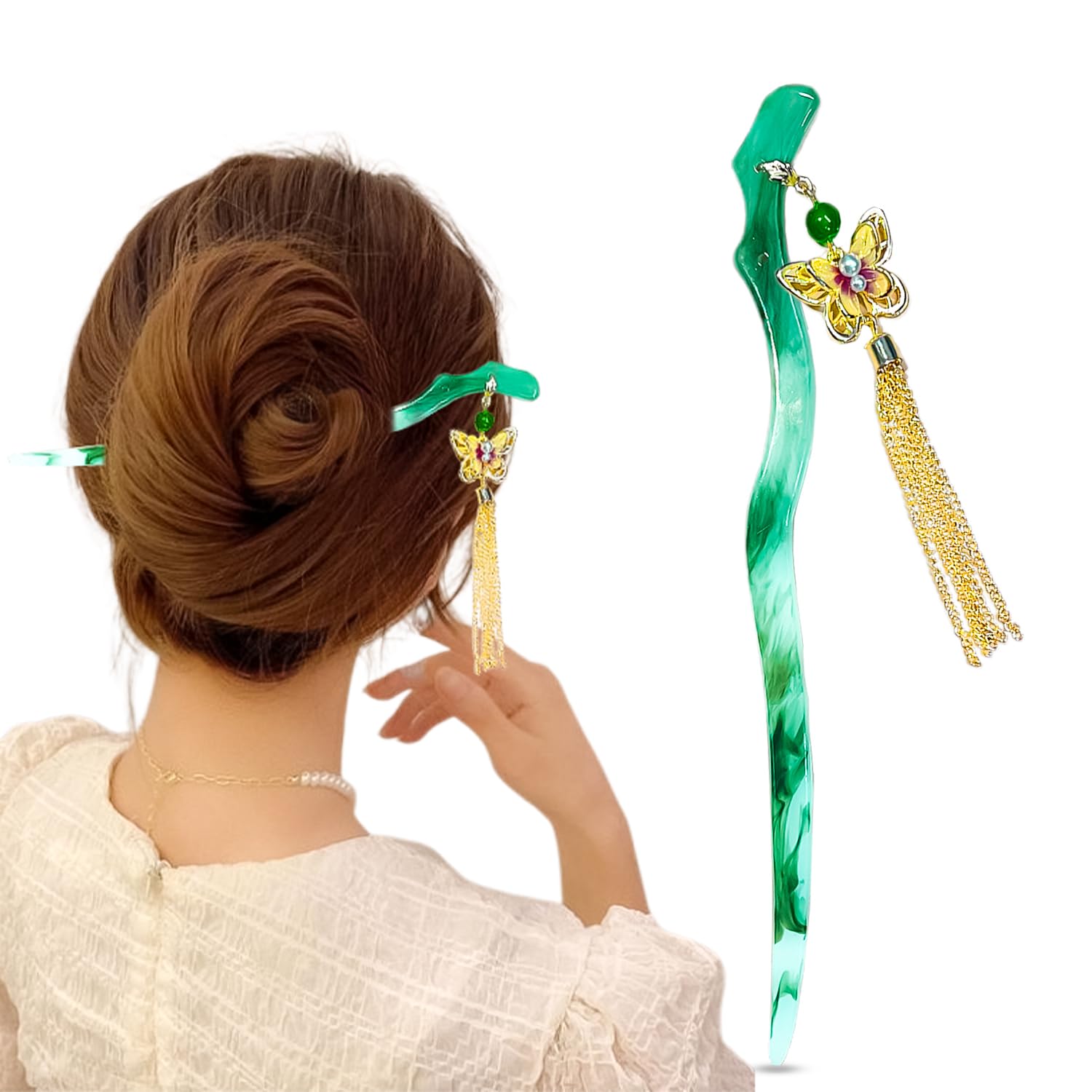 Elegant Chinese Style Hair Stick for Women & Girls | Jade Green Hair Pin with Butterfly Tassel Pendant | Vintage Bun Hair Accessory for Traditional & All Occasion (Pack of 1)-image-22