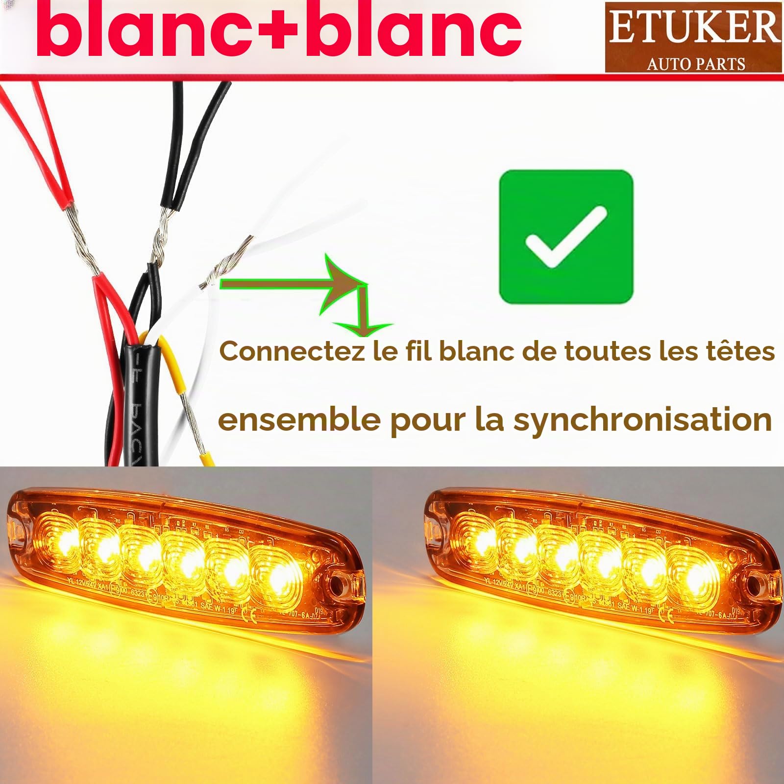 2x 6LEDS Gyrophare 12/24V Feu de Freinage Stroboscopique Ambre pour Camion Voiture Véhicule