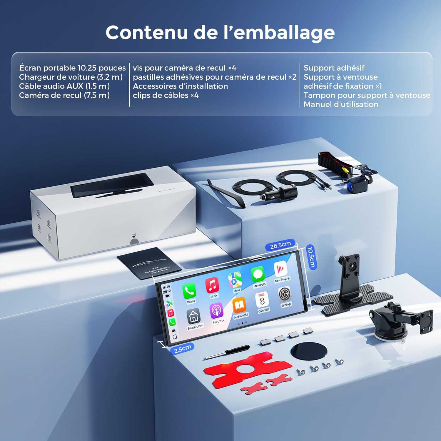 Avylet Écran 10,25" CarPlay & Android Auto, Détection AI BSD arrière | Dashcam 4K avant & HD 64Go, 1920x720P, 60FPS, Mirror Link, GPS, Navigation, Commande vocale, Bluetooth, AUX/FM