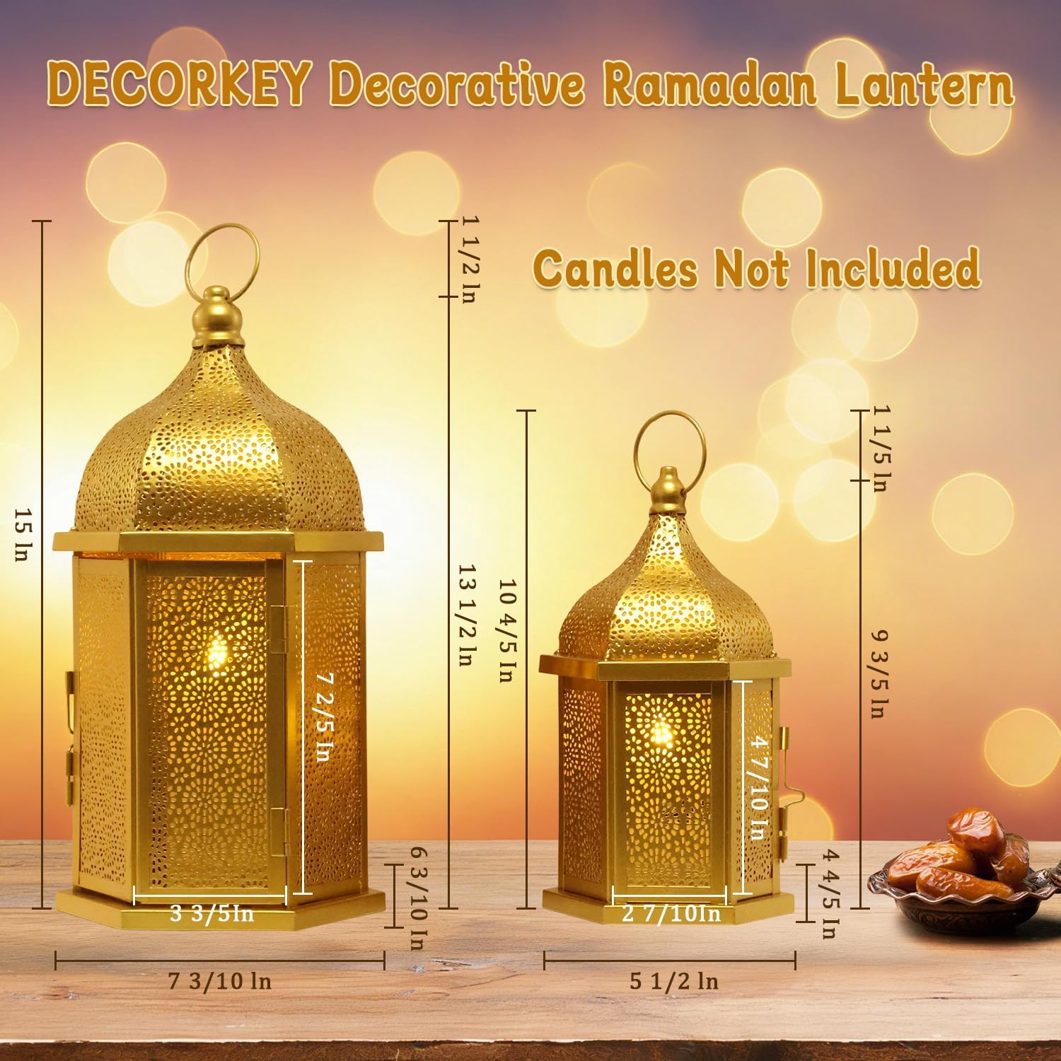 NEEDOMO Ramadan Decorations for Home, 15‘’ & 10.8‘’ Golden Ramadan Lanterns, Vintage Metal Moroccan Candle Lantern Decor for Tabletop, Mantel, Wall, Indoor Outdoor, EID Mubarak Gift