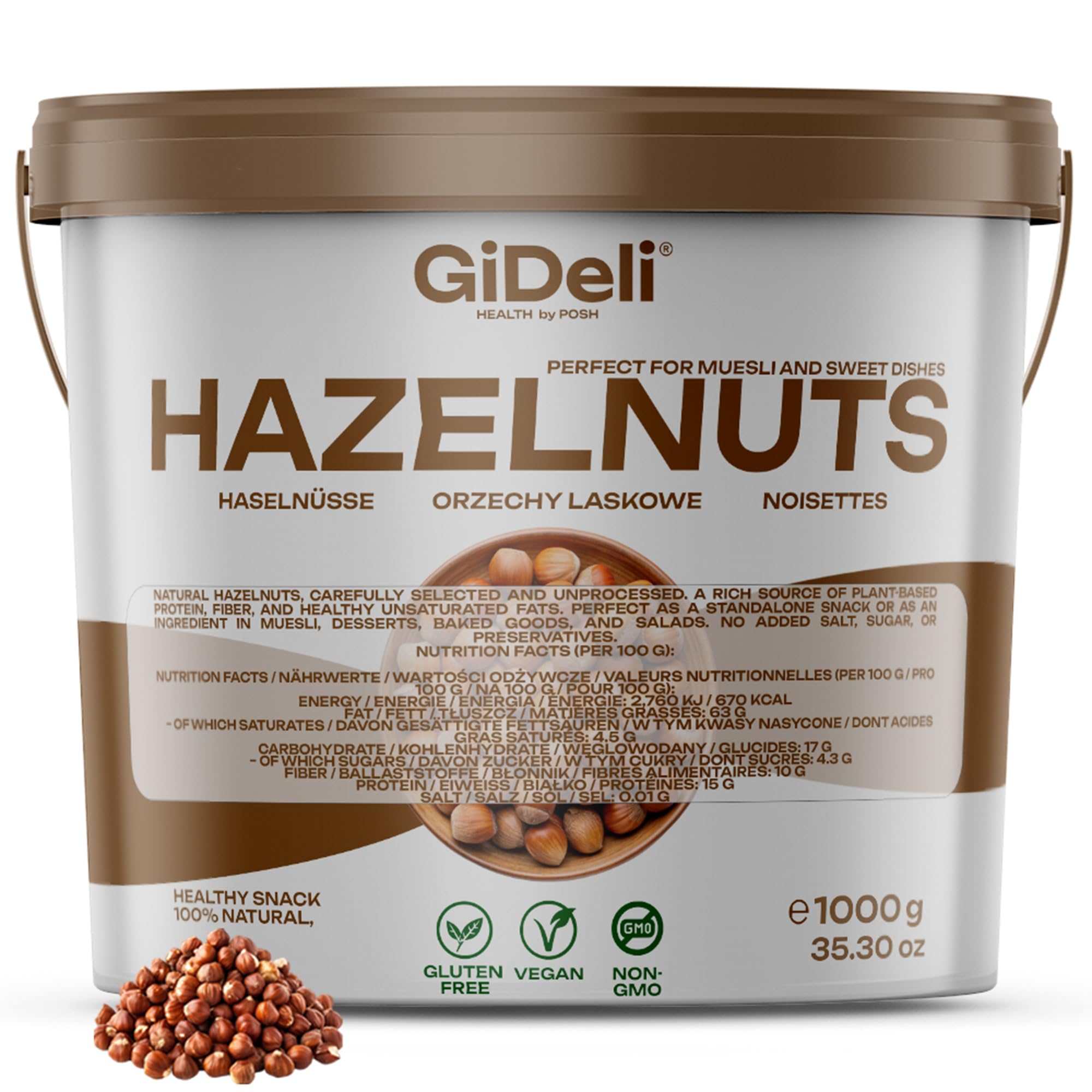 GiDeli haselnüsse Ungesalzene 1kg geschält im Eimer als Snack, Backzutat und zum Verfeinern von Speisen roh, naturbelassen