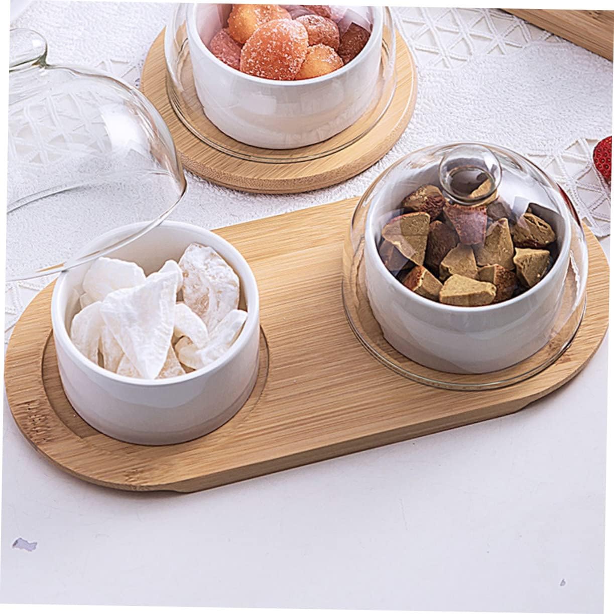 Ceramic Dessert Bowl Set Glass Lid 3-Piece Food Serving Bowls for Home and Restaurant for Fruit Salad and Cake Display