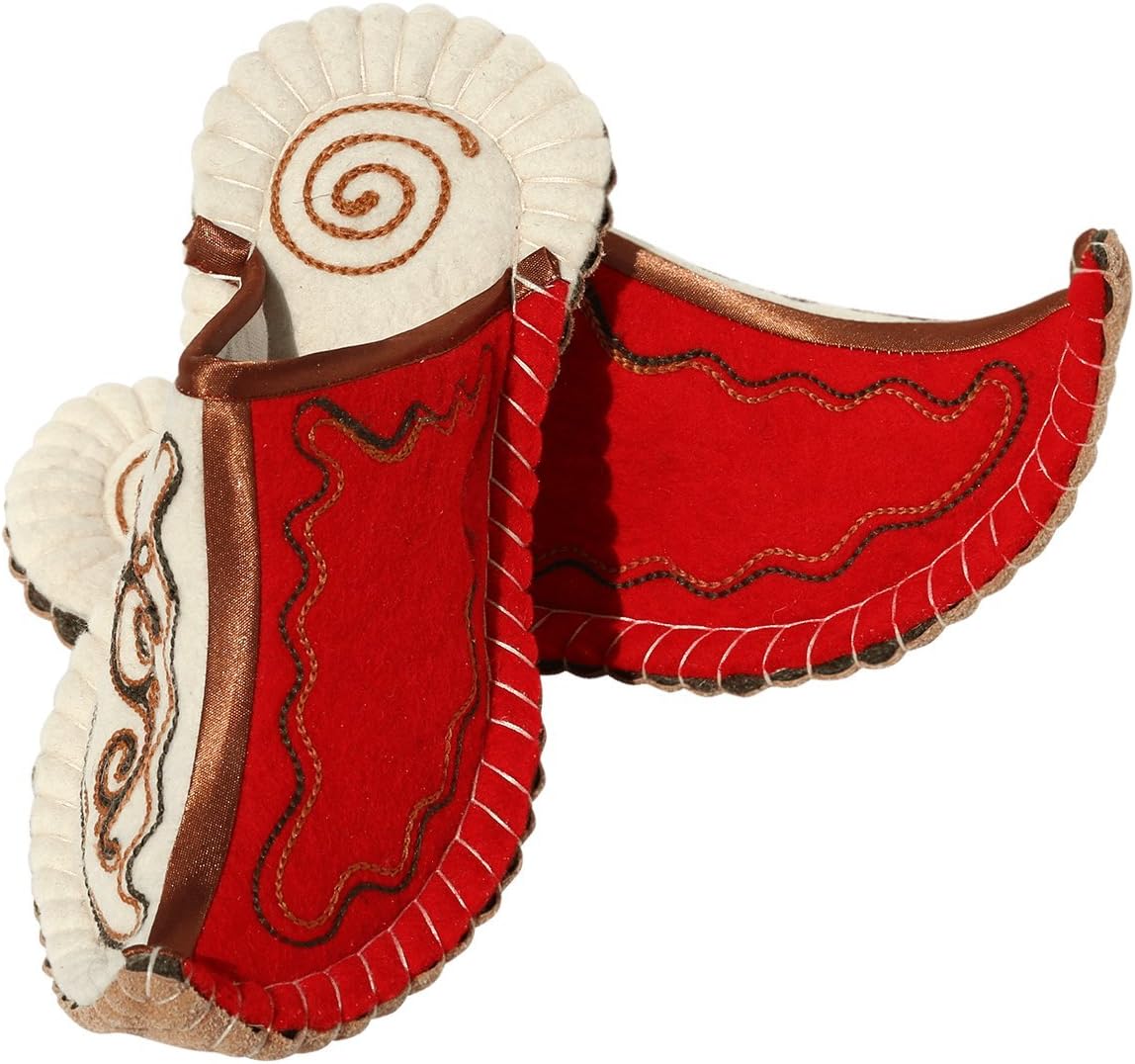 Authentic Felt Slippers, Beika Design, (unisex). Red/White with gold inlay,7 B(M) US Women / 6 D(M) US Men