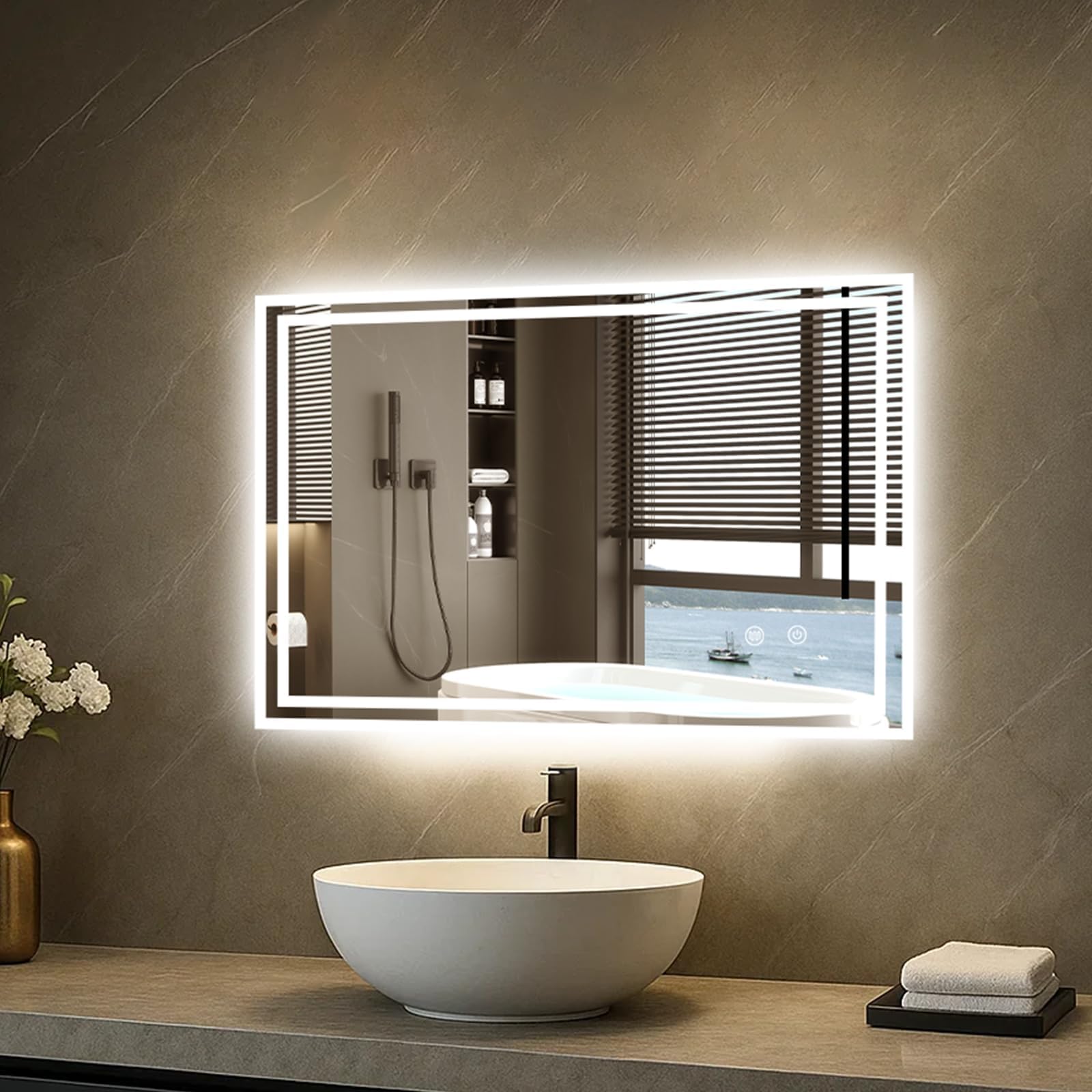 CROWNSHOP Bathroom Mirror with LED Lights 90x70cm 3 Colour Dimmable Lights