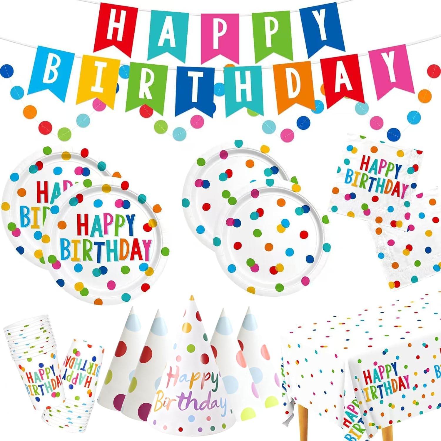 Birthday Plates & Napkins Party Supplies Set with Birthday Dots Design Banner Decorations Tablecloth Cups Napkins Happy Hats 9" & 7" Plates Tableware Kit