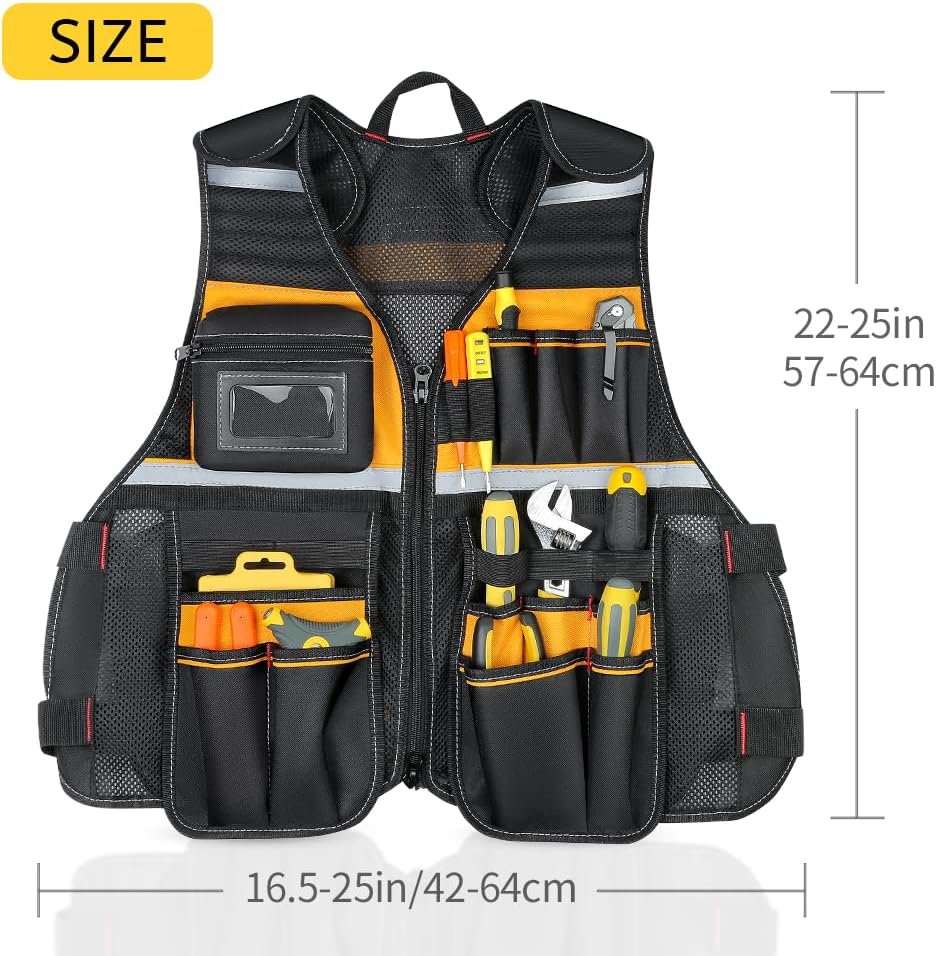 WINHUNT Tool Vest, Multi-Pocket Work Vest with Reflective Strips, Oxford Fabric Construction, Black and Yellow