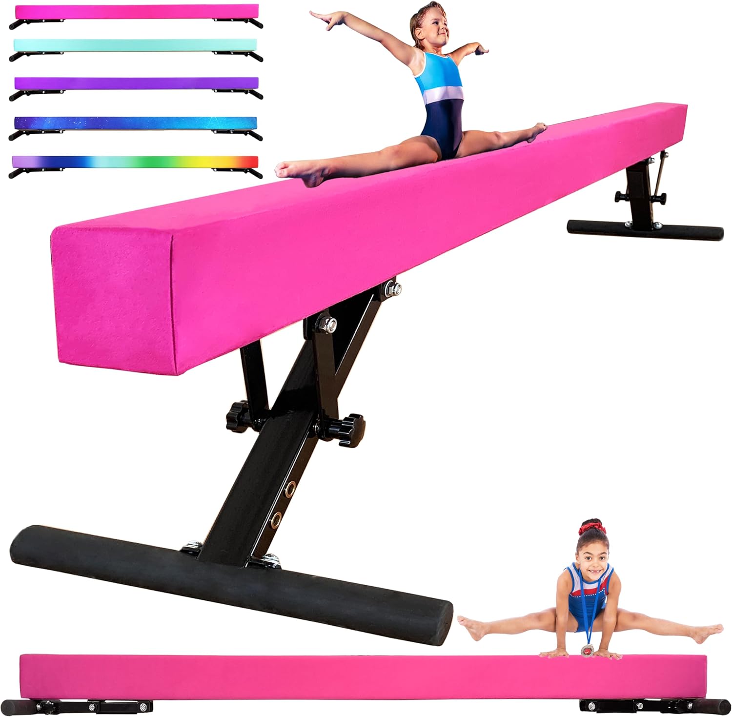 pregymnastic 8ft balance beam, raised gymnastics beam for kids ages 3-12, home gym equipment for training, adjustable balancing beam indoor, off-ground competition style hot pink 9"-17" height adjustable