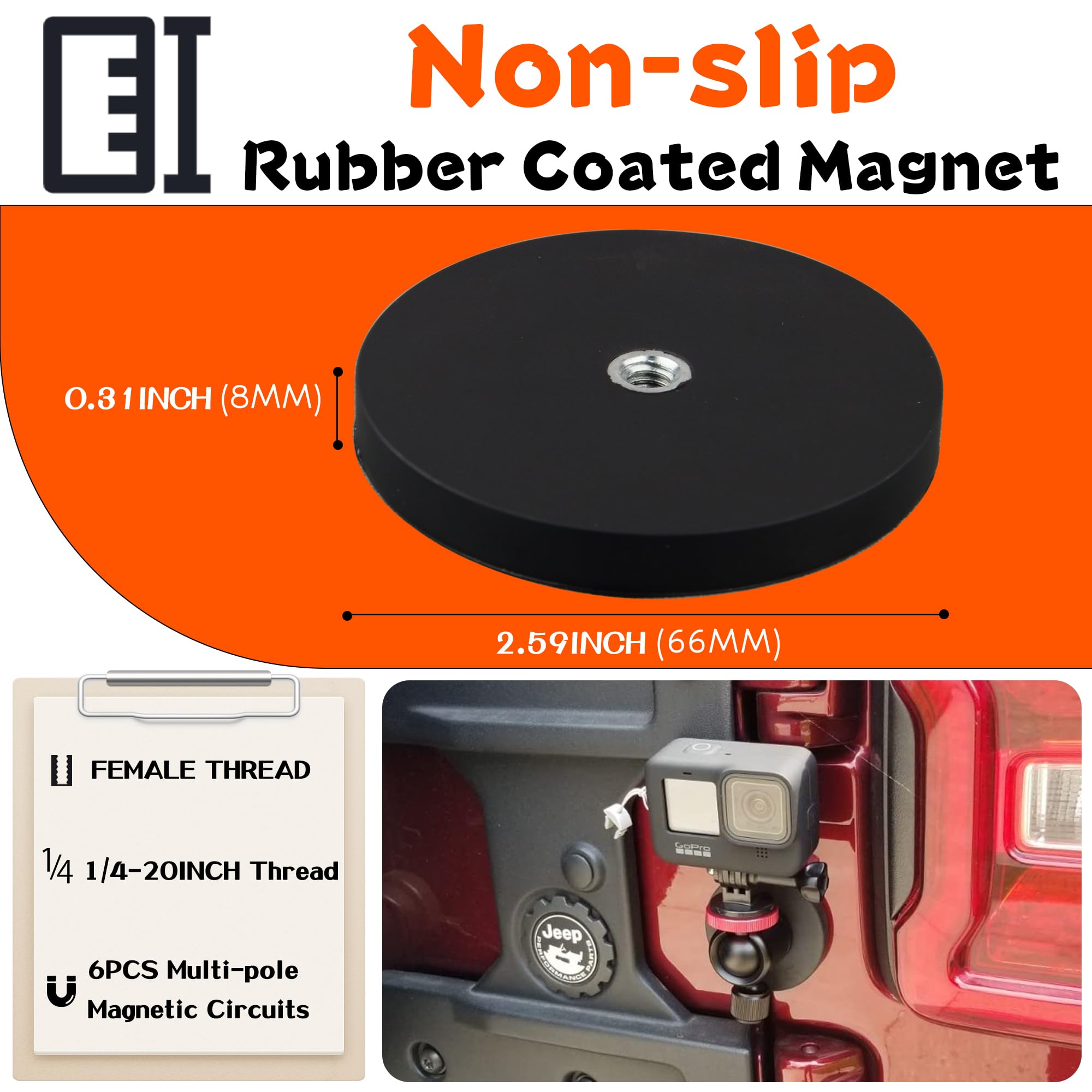 ULIBERMAGNET 2Pack Anti-Scratch 60lb Strong Neodymium Round Rubber Coated Magnet with D1/4''-20 Female Thread, Strong Magnetic Mounting with D1/4‘’-20 Hole for Lighting,Camera,Tools — Amazon image 2