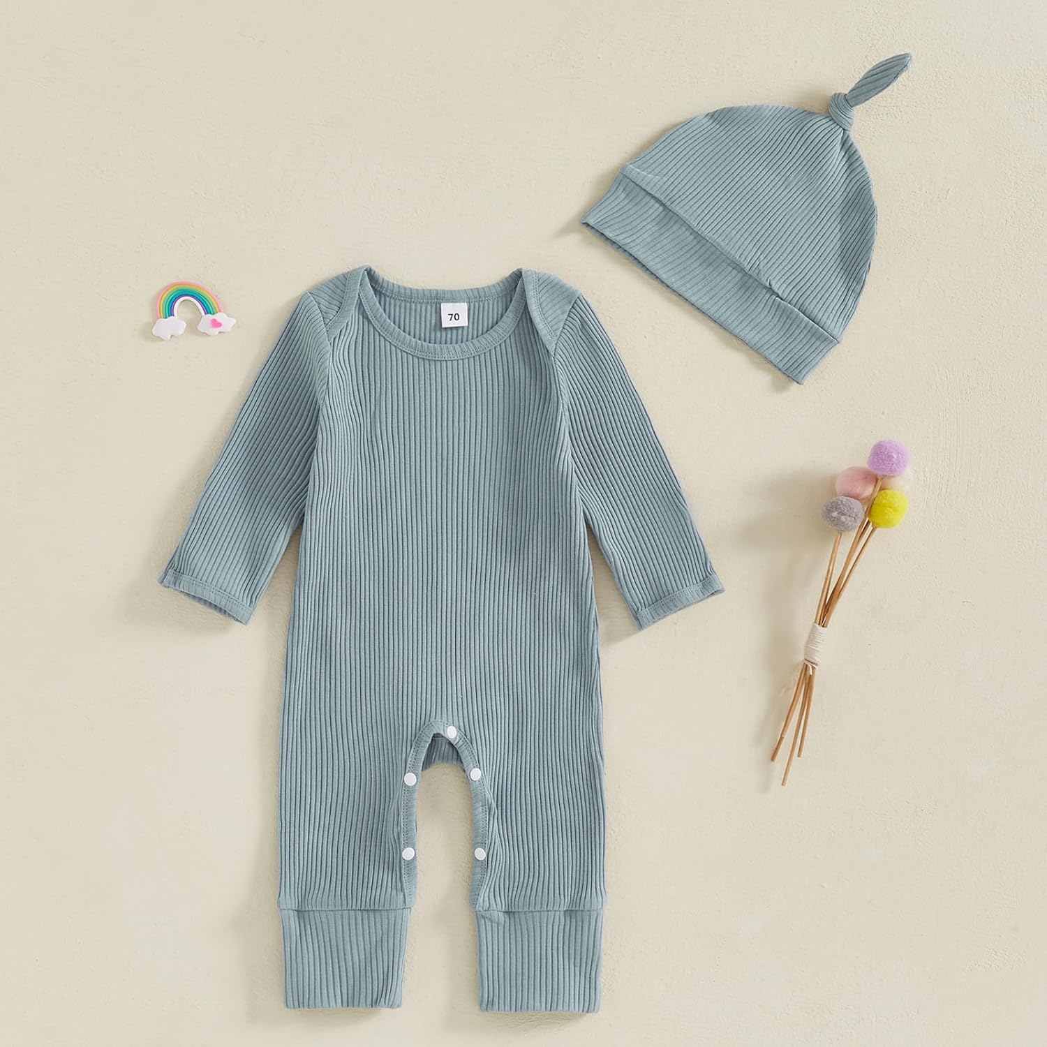 Murnouche Newborn Baby Boy Clothes Coming Home Outfit Ribbed Romper with Hat Bodysuit Jumpsuit - Image 6