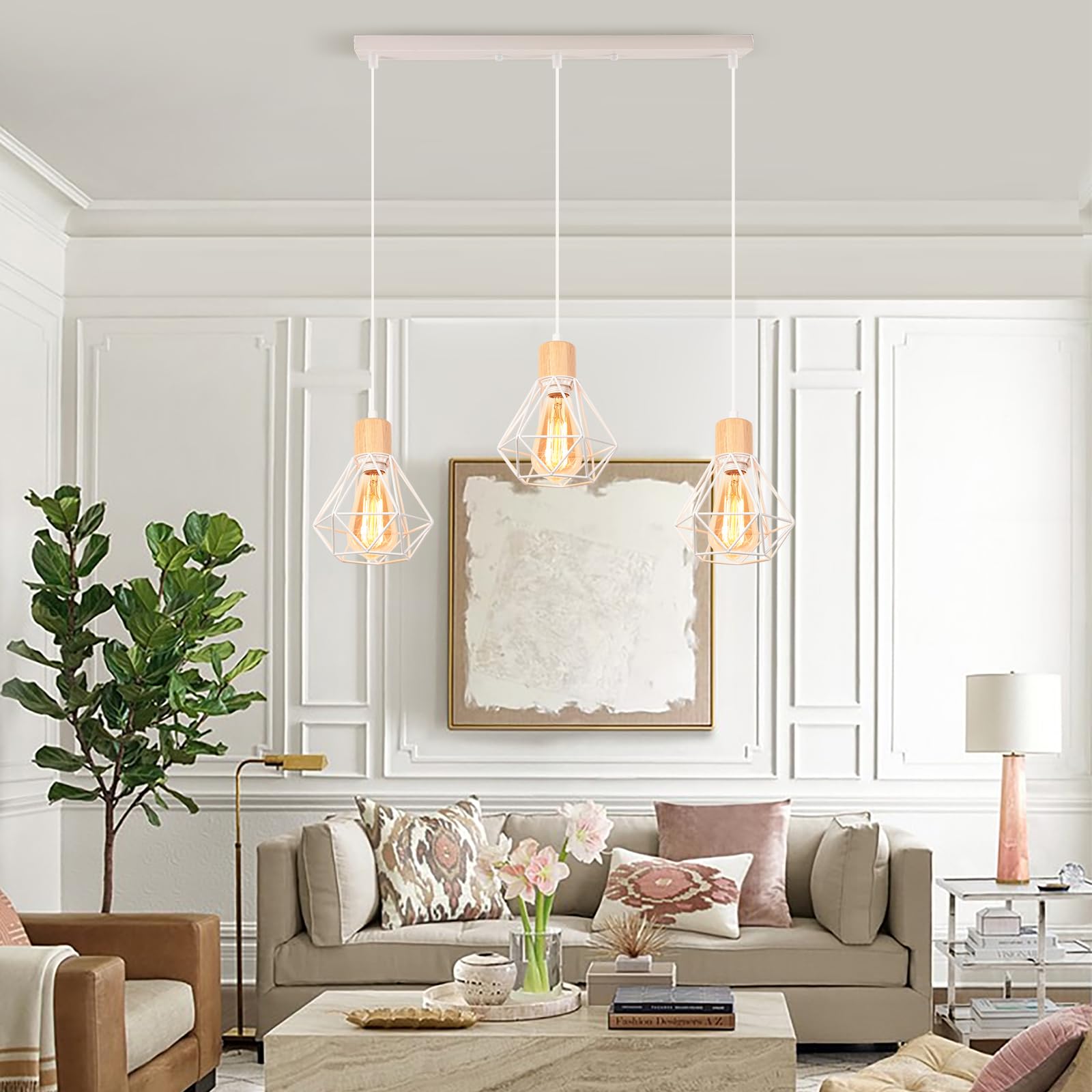 iDEGU 3 Luci Lampadario Industriale in Metallo Legno Lampada da Soffitto Stile Gabbia Bianco Illuminazione E27 Lampada a Sospensione Vintage per Sala da Pranzo Cucina Soggiorno Caffè (Barra)