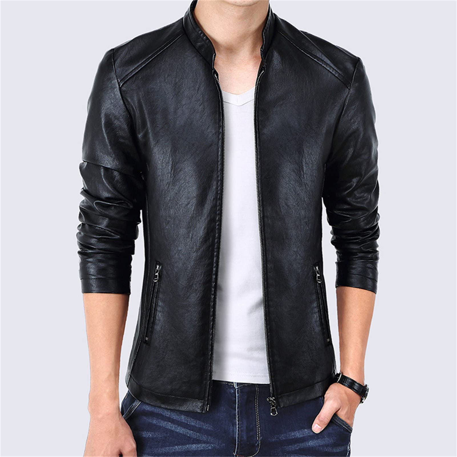 Maiyifu-GJ Men Casual Faux Leather Biker Jacket Stylish Stand Collar Bomber Jackets PU Leather Lightweight Motorcycle Coats (Black,XX-Large)