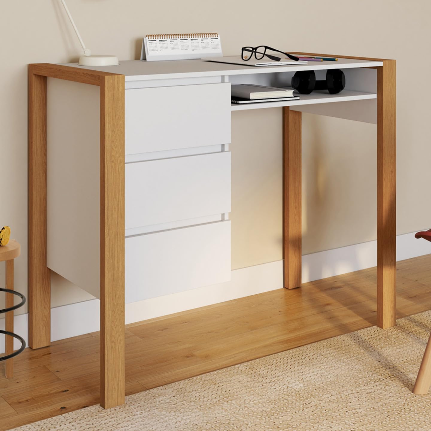 IDMarket - Bureau scandinave Hugo avec 3 tiroirs et Niche Blanc et Bois