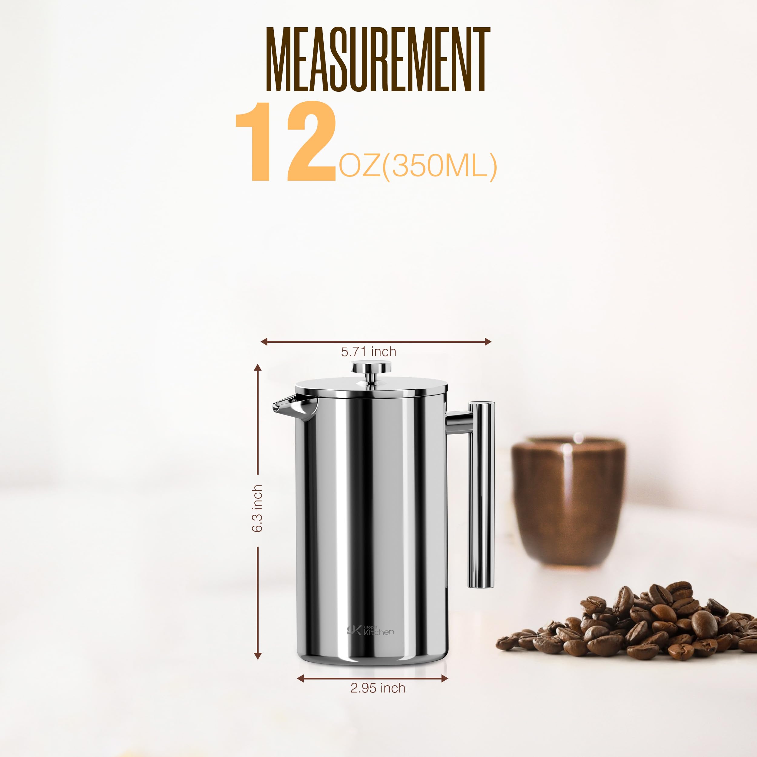 Utopia Kitchen - Cafetière à piston française de 355 ml, double paroi isolée en acier inoxydable avec système de filtration à 4 niveaux, comprend 2 filtres supplémentaires, antirouille, passe au