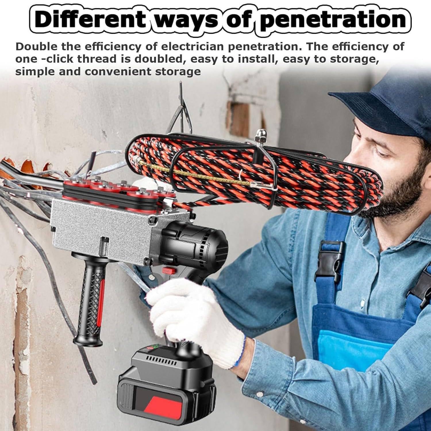 Enhebrador De Agujas Para Electricista Totalmente Automático, Tirador De Cables, Enhebrador De Agujas Eléctrico Con Batería De Litio, Velocidad De Tracción De Cables 40 M/Min,1Battery-37500mah