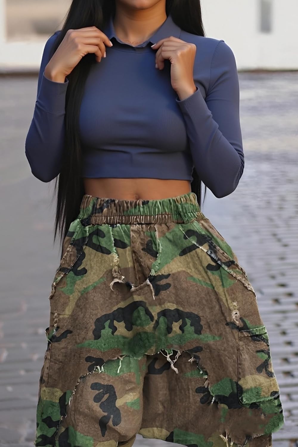 Vakkest Women's Harem Denim Pants Elastic High Waist Raw Trim Hem Patchwork Boyfriend Wide Leg Jeans with Pockets - Image 4