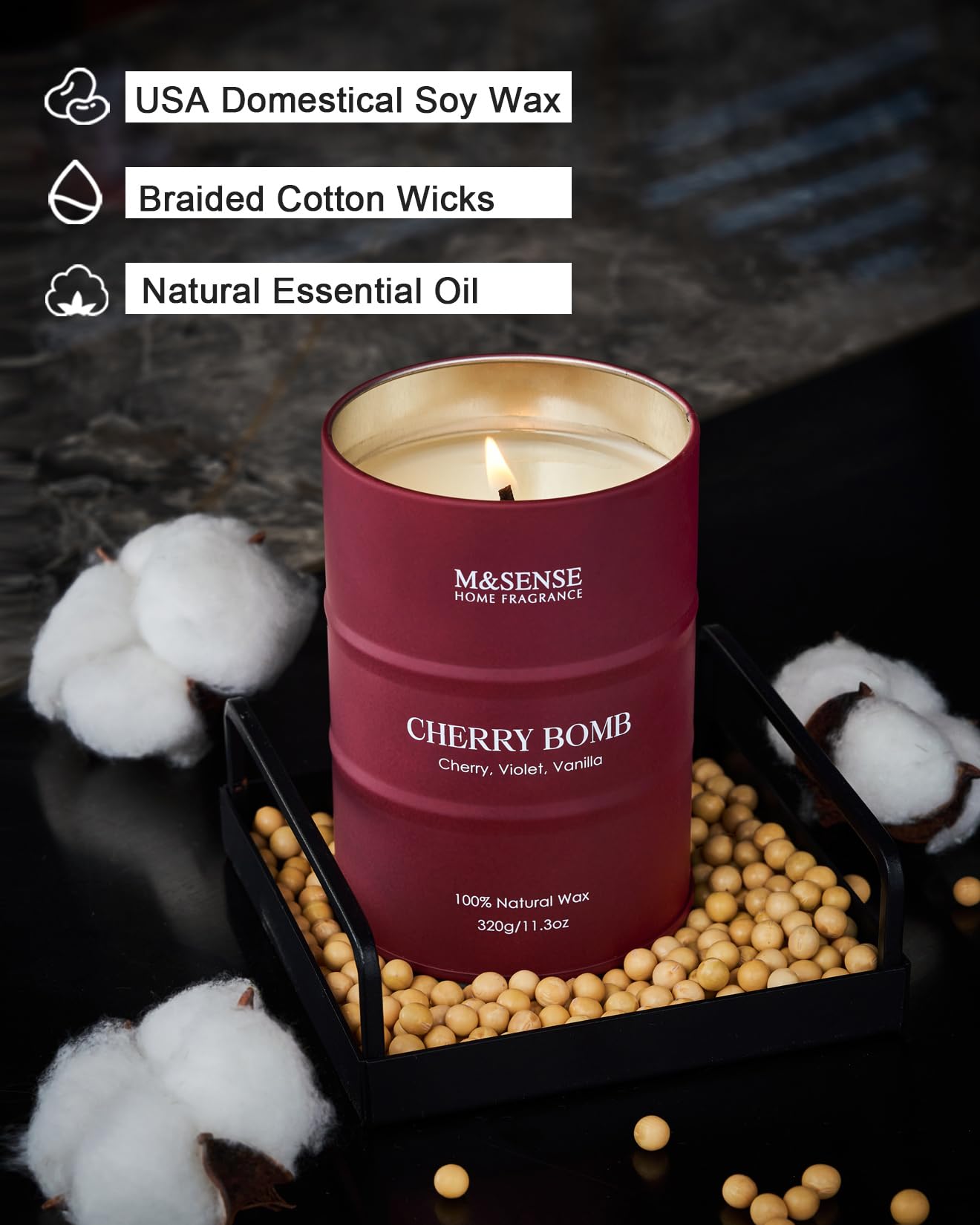 M&SENSE Candele profumate alla ciliegia, candele dolci per la casa, candele naturali in cera di soia, candele da regalare alle donne, 70 ore di combustione, 11,3 oz