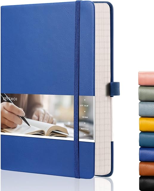 Ruled Notebook Premium A5 Lined Daily Journal by EMSHOI Hardcover Vegan Leather Cream Thick 120gsm Cream Lined Paper with 128 Sheets / 256 Pages Notepad Personalized Note Book, 21.3 X 15 cm, Blue