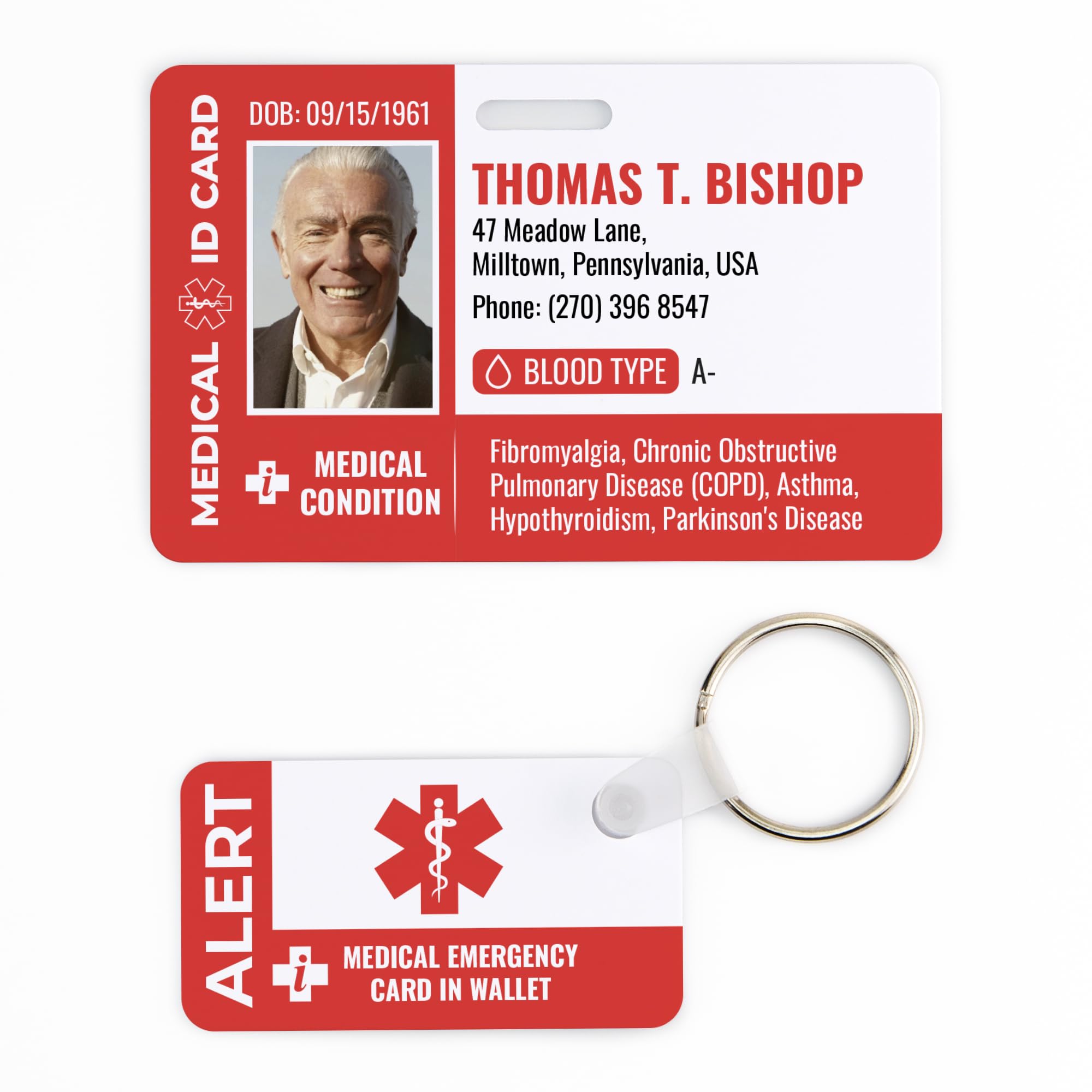 Custom Medical ID Card (Advanced) with Keychain - Custom Printed Emergency Contact ID - Custom Printed Medical Condition - Customizable Photo ID