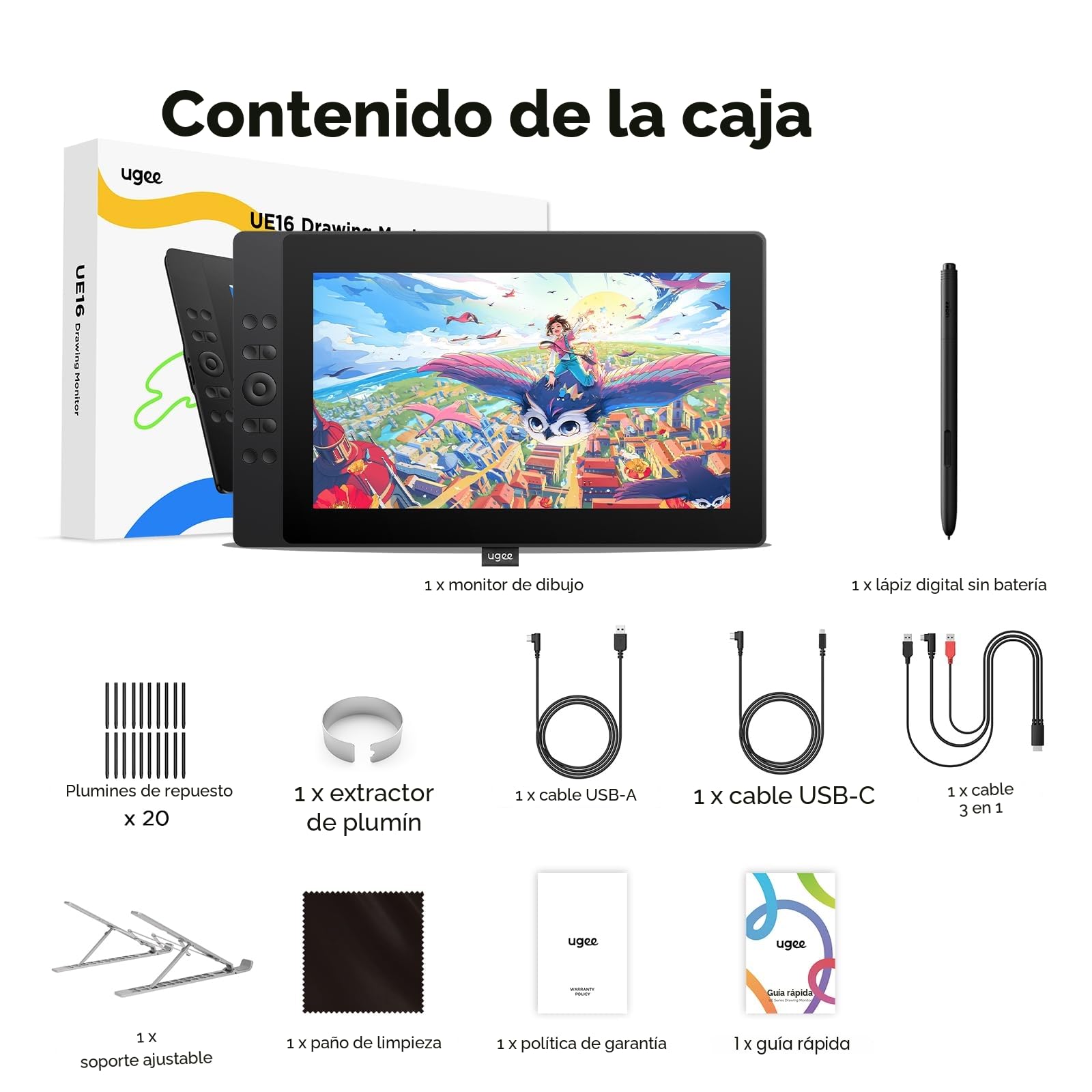 UGEE UE16 Tableta Gráfica con Pantalla de 15,4 Pulgadas, Lápiz con 16K Sensibilidad a la Presión, Tableta Dibujo Digital 143% sRGB Soporte Plegable de Sobremesa Portátil
