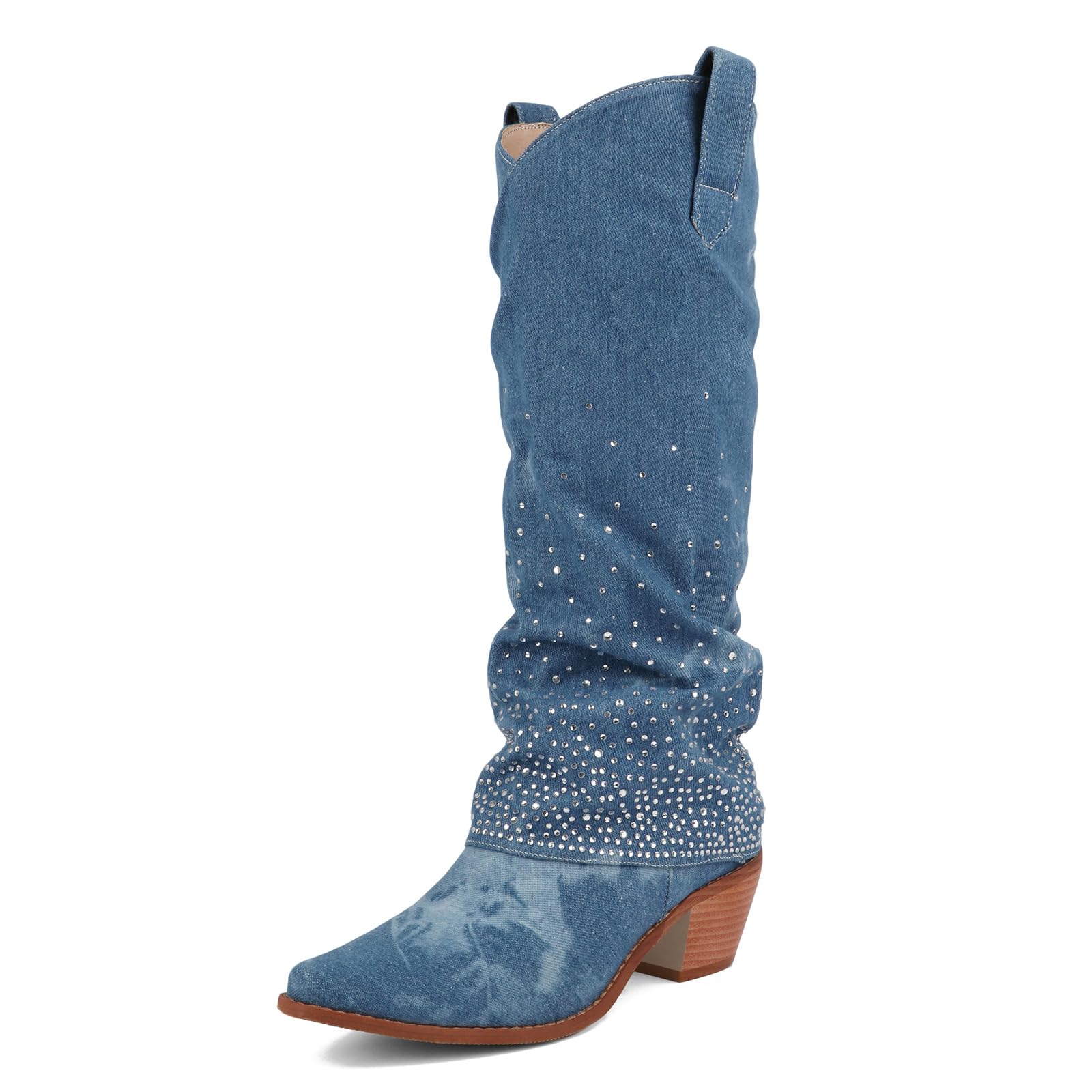 Seborluys Rhinestone Denim Cowboy Boots for Women Sparkly Cowgirl Booties Fold Over Jean Boots for Women Mid-Calf Western