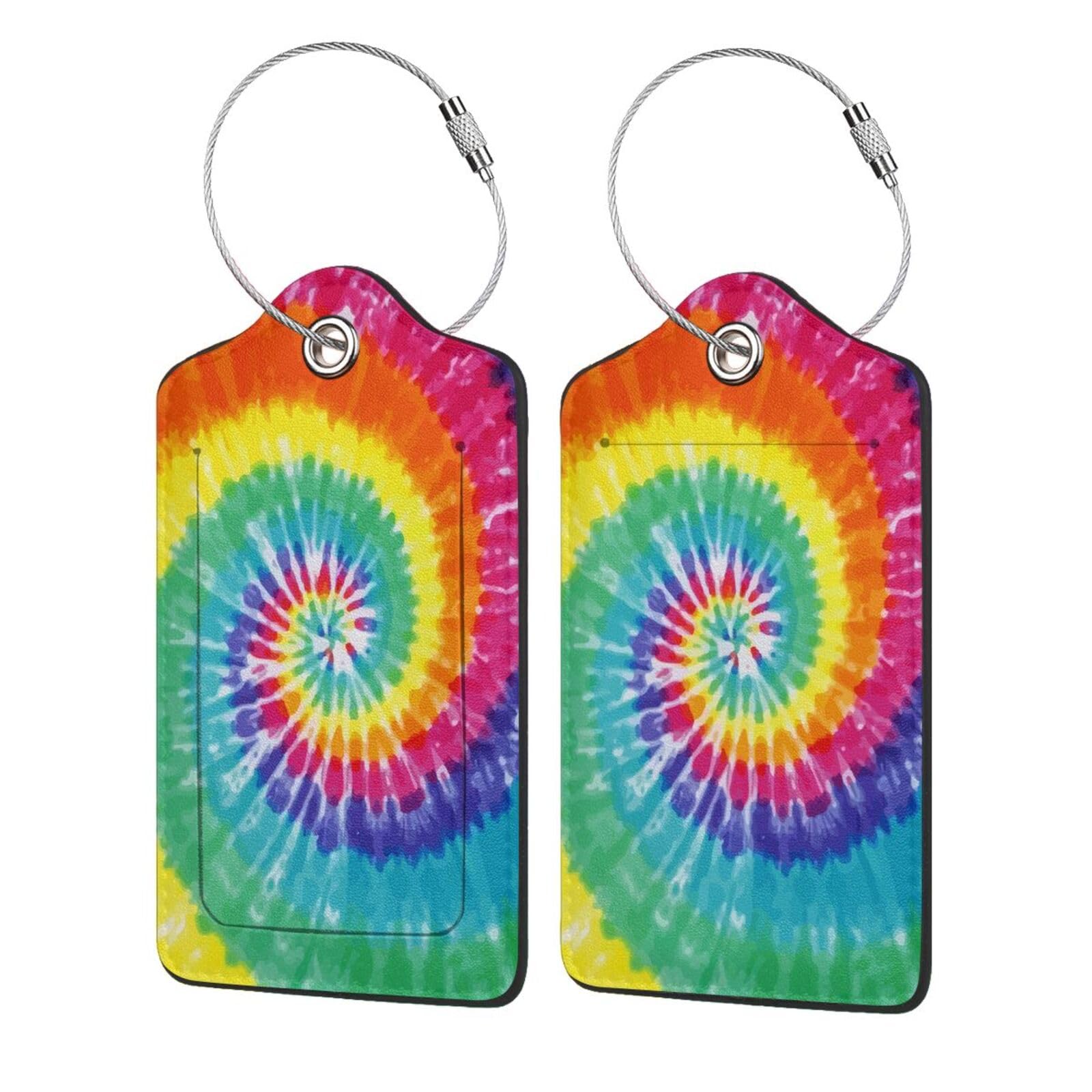 Tie Dye Luggage Tags for Suitcases Set of 2 Leather Stainless Steel Loop Label Tag for Travel Bag