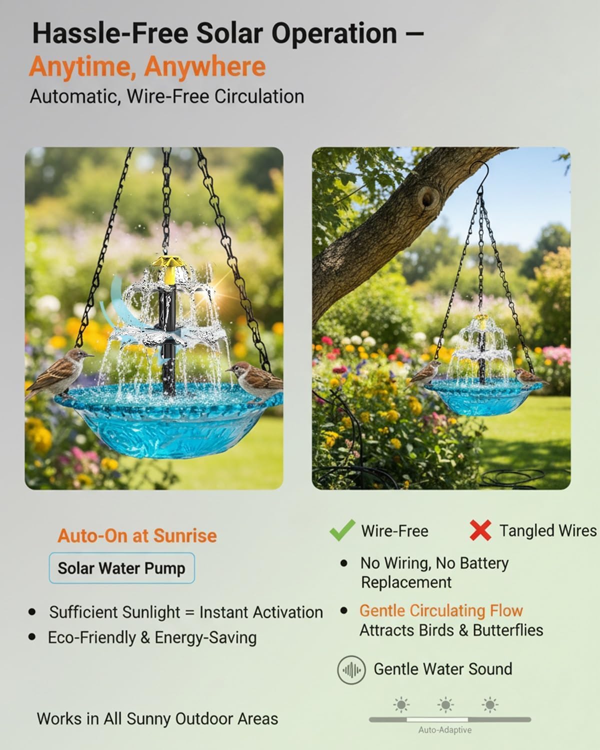 Cascade Solaire Suspendue Eagle Bath Fountain Heater Solaire alimenté Eadbath Colibri Fontaine d'eau Grande 3 Couches Pompe de Bain d'oiseau Bol en Verre pour Patio extérieur Cour (Gris)