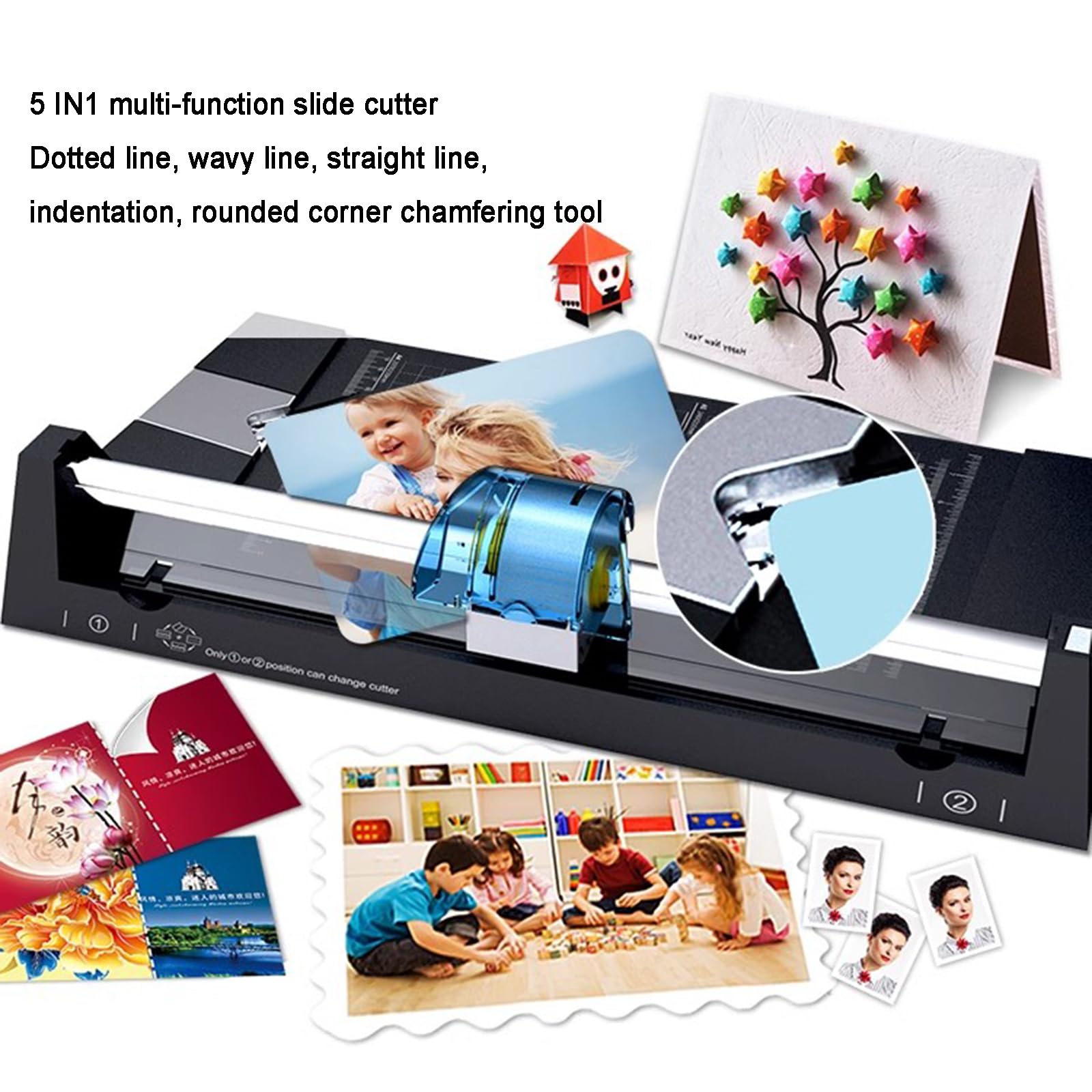 Massicot rotatif avec plusieurs lames pour couper droites, ondulées, pointillées, plis et chanfreins, idéal pour papier, photos et cartes postales