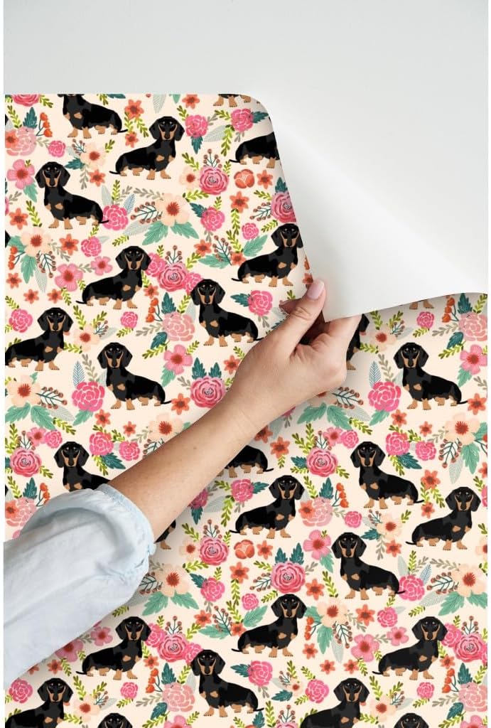 Peel & Stick Wallpaper Swatch - Flowers Florals Dachshund Dachshunds Dog Cute Pet Baby Girls Sweet Weiner Wiener Puppy Lover Animal Custom Removable Wallpaper by Spoonflower