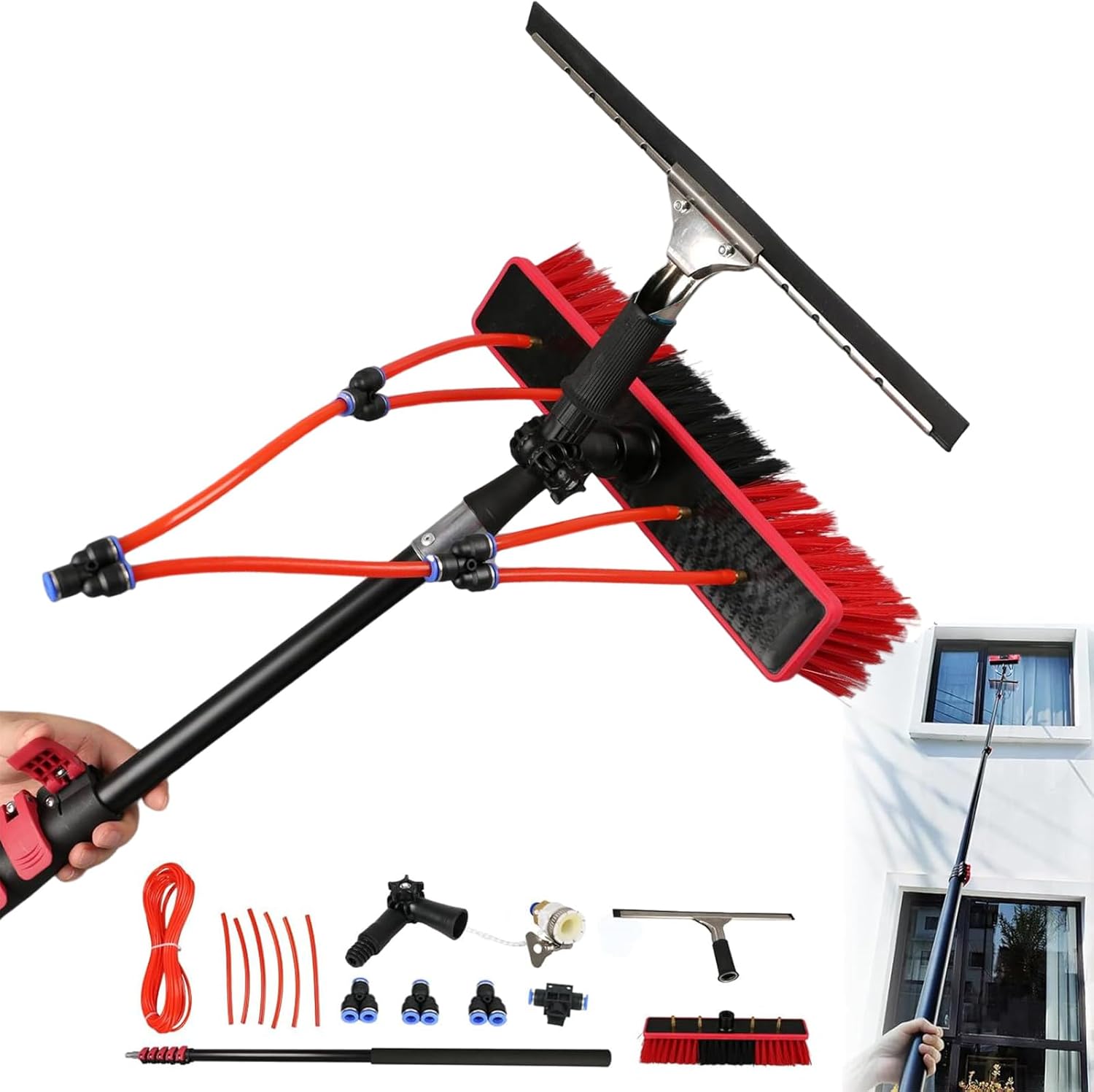 24 Feet Solar Panel Cleaning Brush Extendable Pole Water Hose Fed Brush Tall Window Cleaning Brush Telescoping Spray Brush with Squeegee and Water Line for Cleaning Solar Panel, Roof, Pool, RV 1 24FT Length, 21.7" Wide Brush