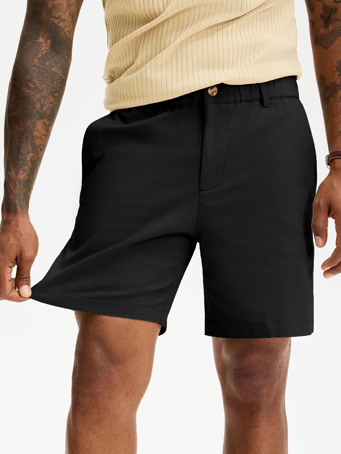 Comdecevis Men's 7 Inch Cotton Elastic Waist Khaki Shorts image 2