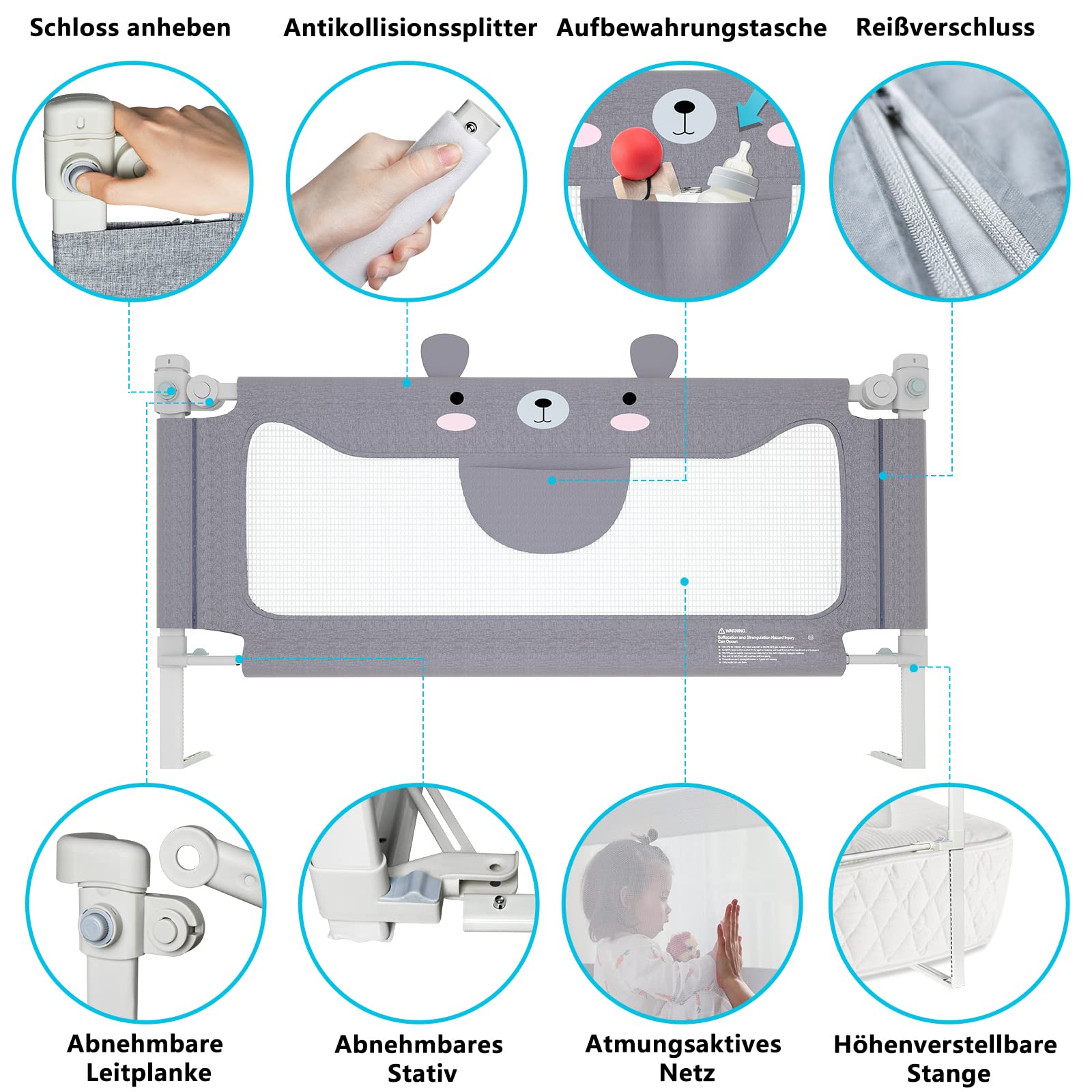 YUENFONG Barrière de lit anti-chute - 180 cm - Portable - Réglable en hauteur - Barrière de lit pour bébé - Pour famille et voyages - Petit ours (gris, 180 cm)