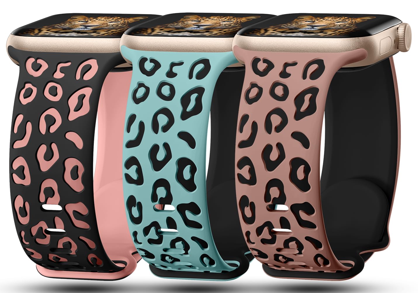 3 Pack Leopard Engraved Bands Compatible with Apple Watch Band 41mm 40mm 38mm 42mm 44mm 45mm 46mm 49mm Women, Soft Silicone Cheetah Embossed Sport