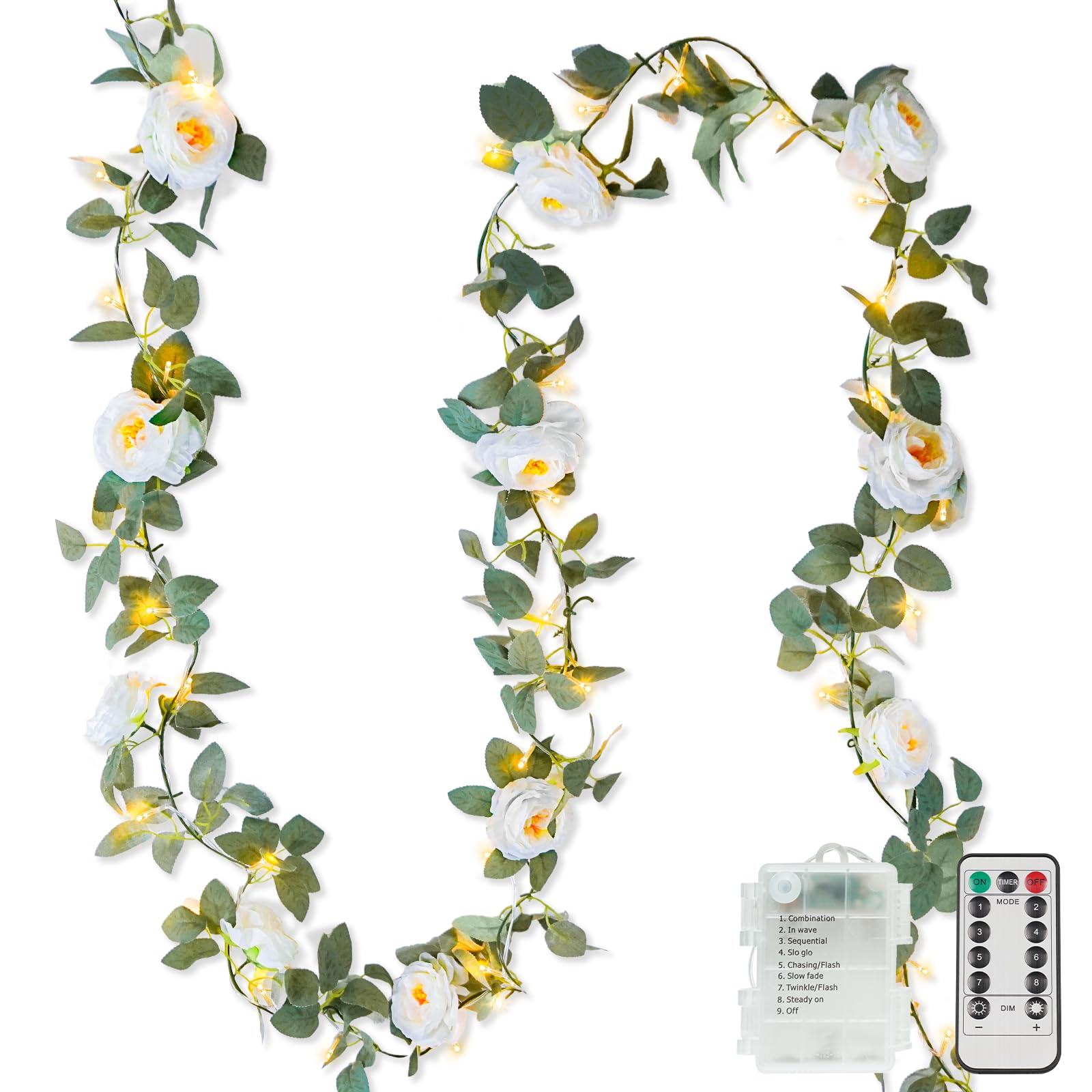SUDDUS Guirnalda de 60 LED con luces de camelia blanca, funciona con pilas, cable transparente