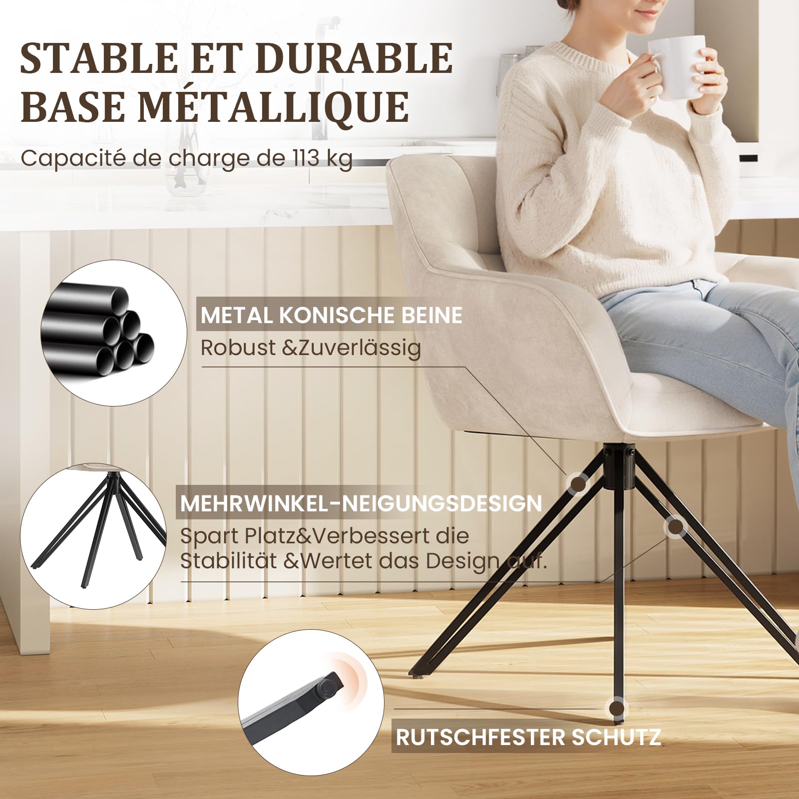 COLAMY Drehstühle für Esszimmer, 4er Set, Drehbare Polsterstühle mit Armlehnen und Rückenlehne, Bequeme Küchenstühle für Wohnzimmer & Essbereich, Beige