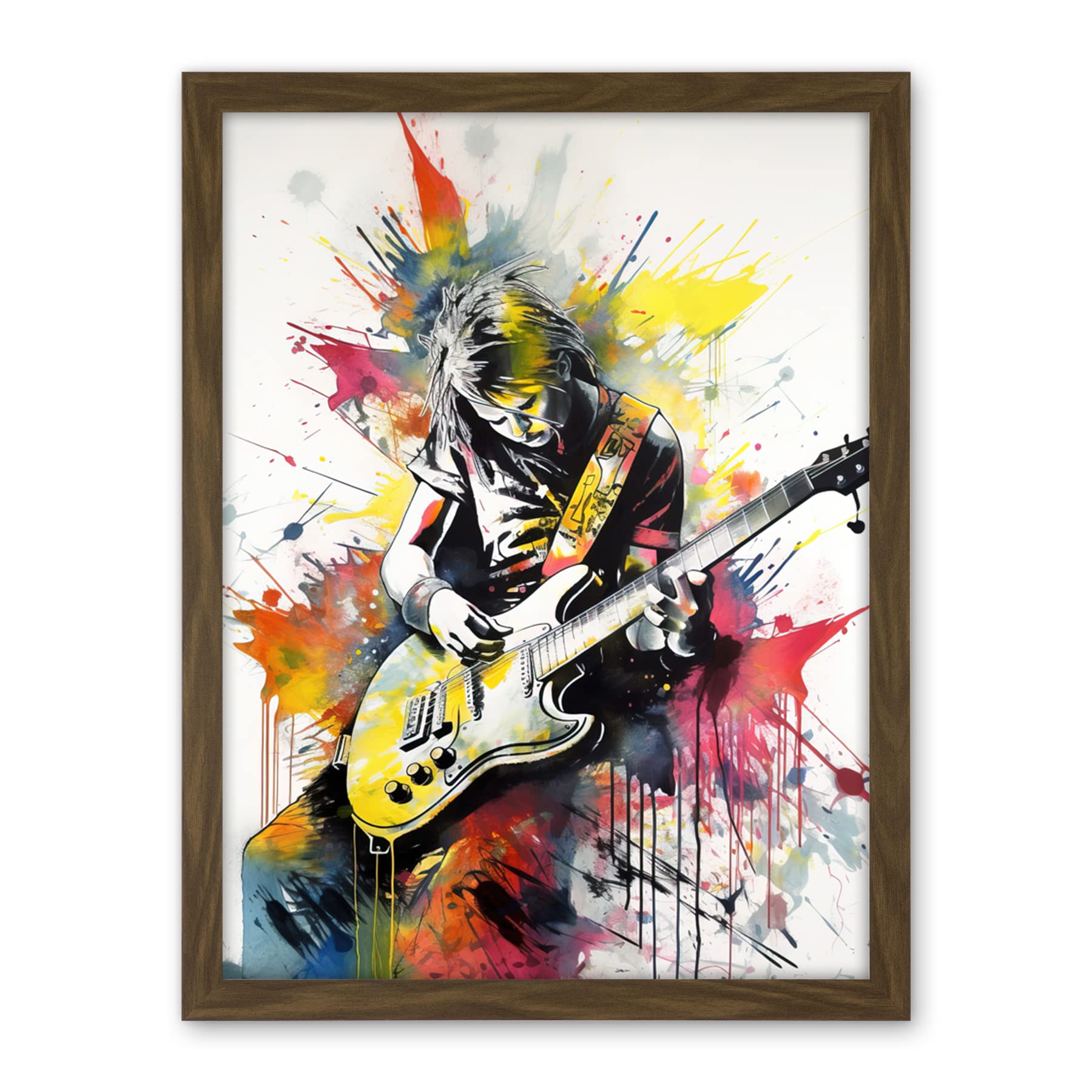 Artery8 Guitarist Playing Electric Guitar Music Solo Vibrant Modern Splat Paint Watercolour Illustration Artwork Framed Wall Art Print 18X24 Inch