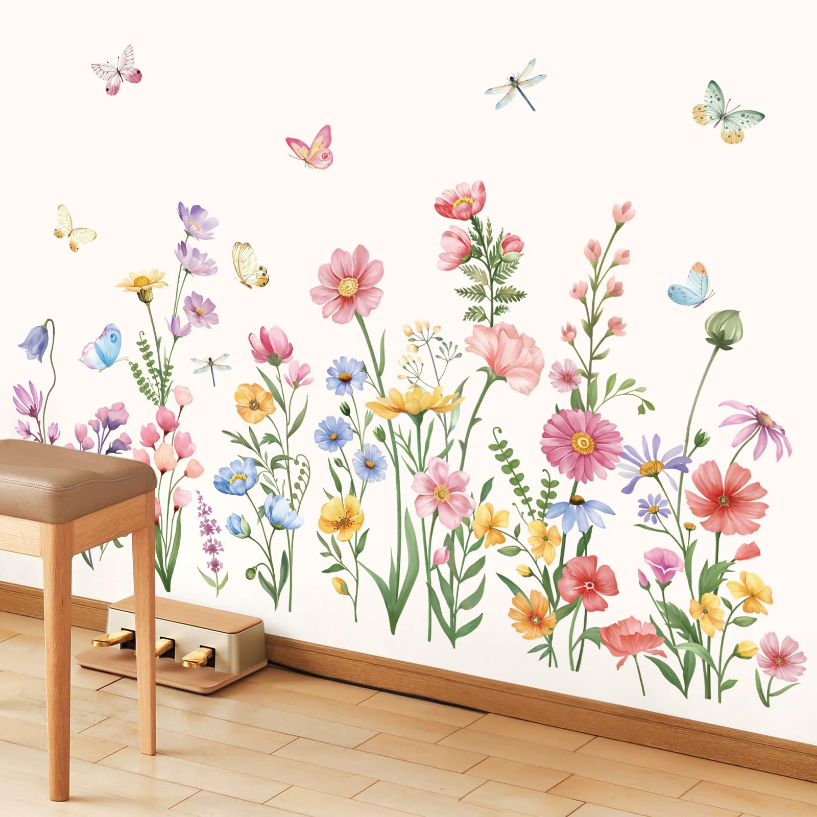 wondever Pink Wildflower Wall Stickers Garden Flower Daisy Butterflies Floral Botanical Wall Art Decals for Bedroom Living Room Sofa - Image 2