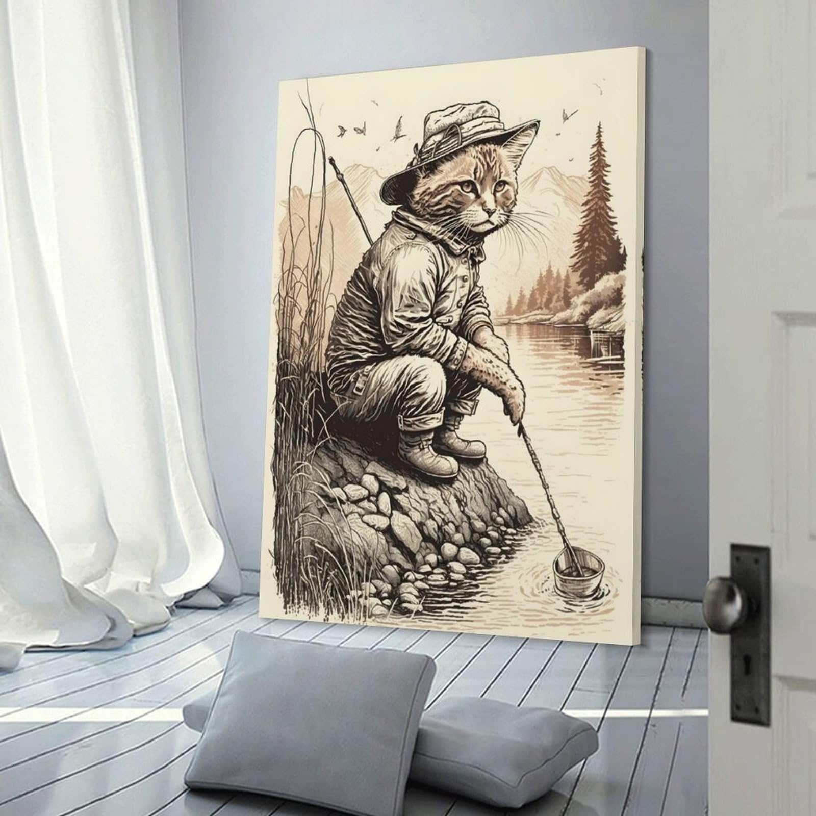 Junmoney Fisherman Cat in A Lake Decorative Canvas Print 20x30inch(50x75cm), for Home, Office, Studio Or Guest Room, Versatile Wall Decor for Many Rooms