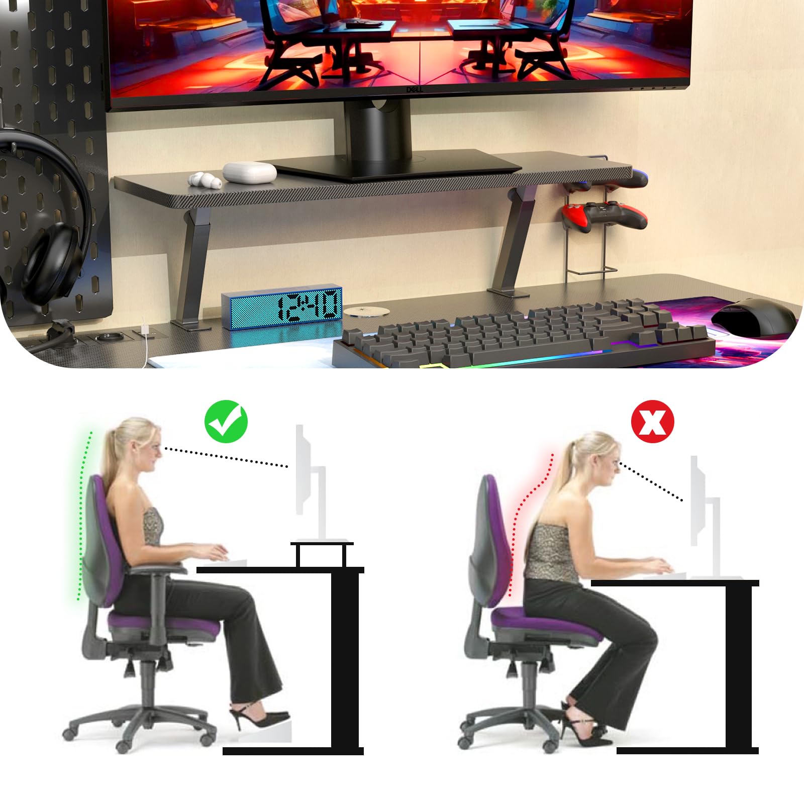 Bureau Gaming 150x90, Table Gaming avec 2 Prises Electriques et 2 Ports USB, Bureau en Forme de L, Fibre de Carbone, Support de Moniteur, pour Etudier, Jouer et Travailler, Noir