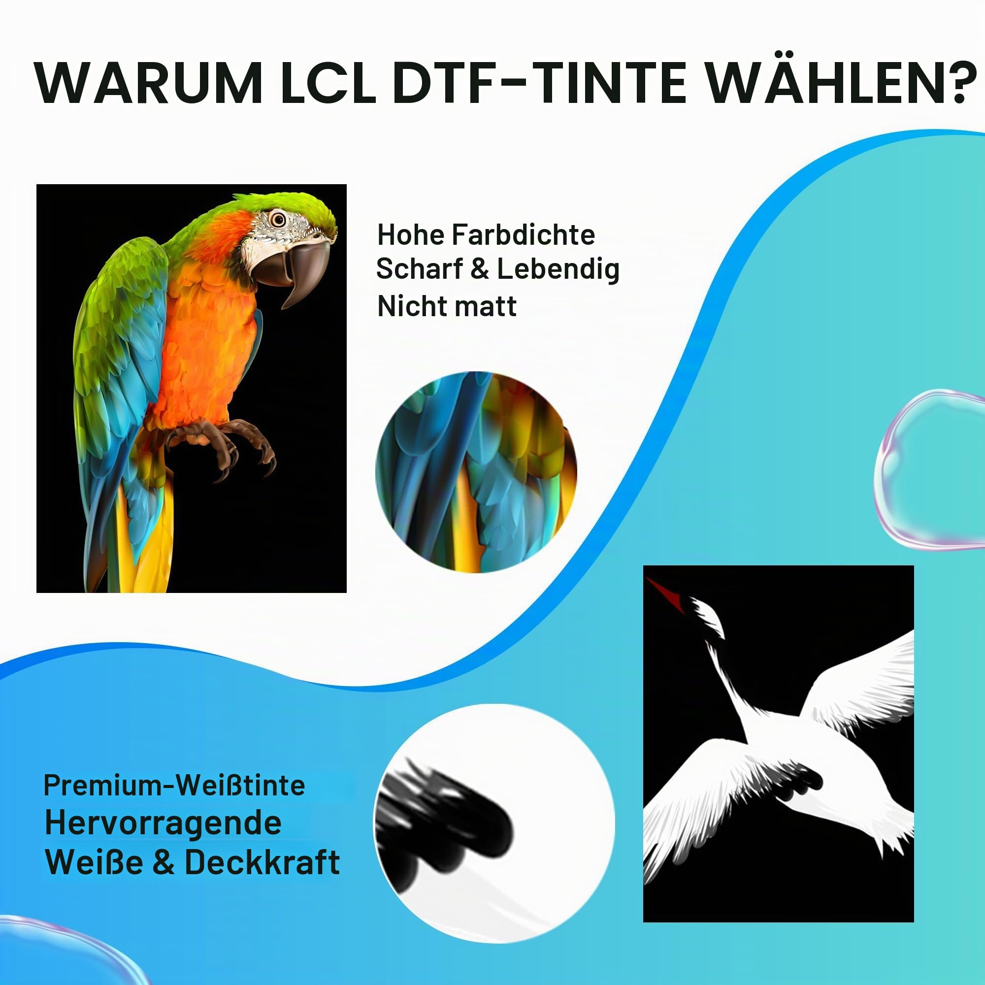 LCL 1500ML DTF Tinte, DTF Transfertinte Nachfülltinte für Epson ET-8550, XP-15000, L1800, L805, R1390, R2400, F2000, F2100, F2200, P700, P900,Wärmeübertragungsdrucktinte Set (250 ml x 6, CMYK 2 Wh)