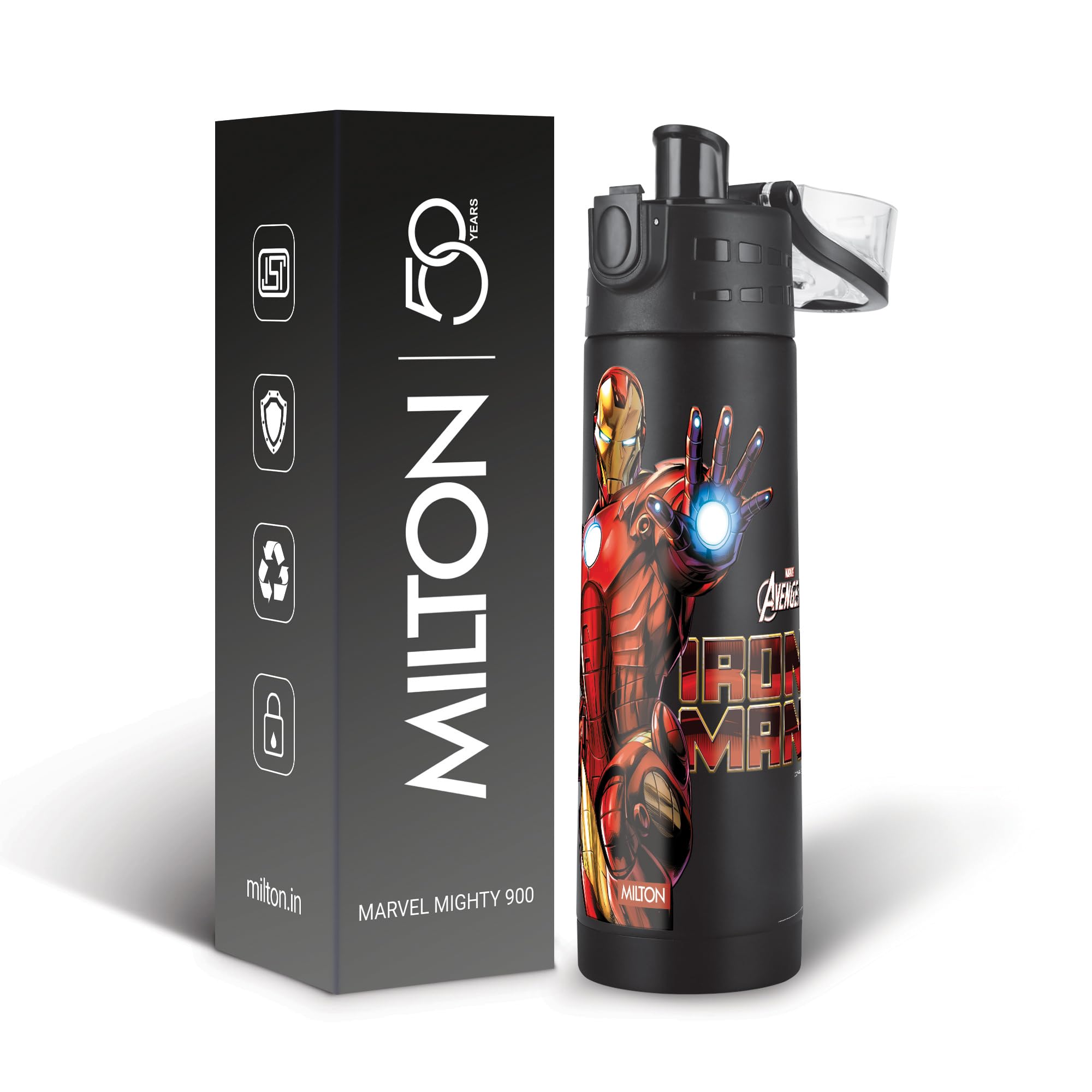 Milton Marvel Mighty 900 Thermosteel ISI Certified Water Bottle, 750 ml Stainless Steel, Long Hours Hot and Cold, Leak Proof, Vacuum Insulation, for Office, School, Gym, Black Iron MAN