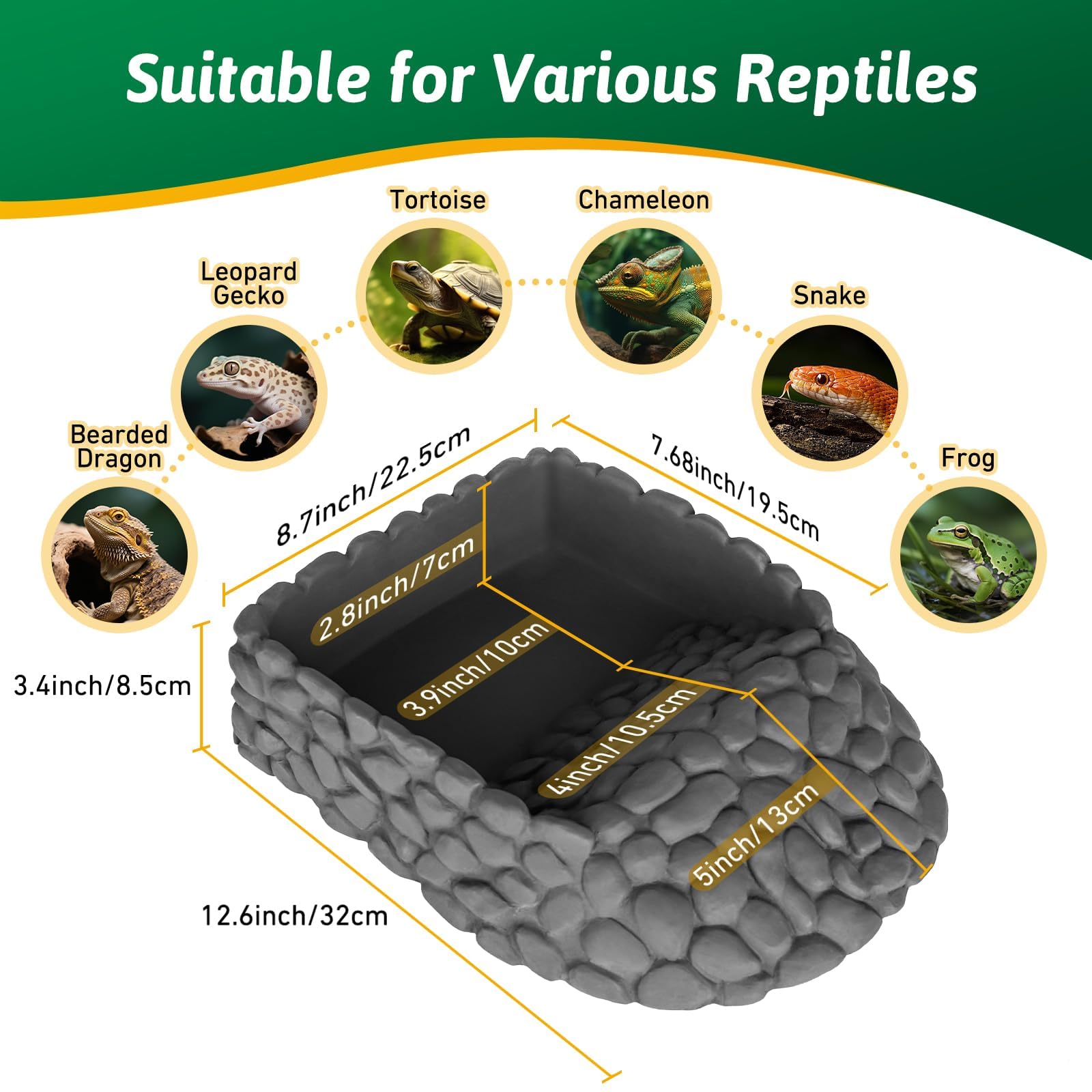Plato de agua para reptiles, cuenco grande de comida de dragón barbudo, plato de agua de esquina de roca para reptiles, cuenco de agua de serpiente, alimentación para leopardo, geco, tortuga, lagarto