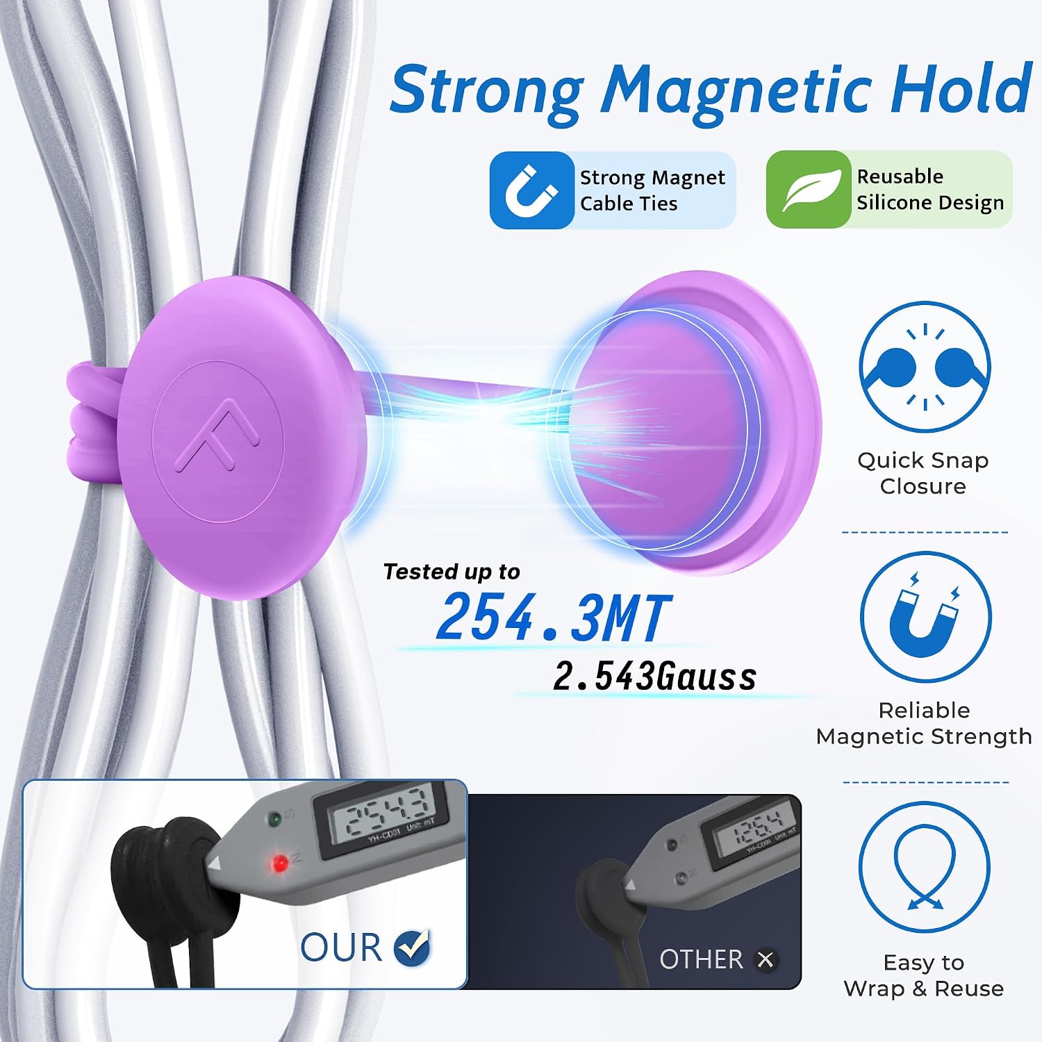COOLMI Magnetic Cable Ties 8 Pack, 6.88 Inch Reusable Silicone Cord Organizer Wraps, Strong Magnet Cable Management Straps for Charging Cords, USB Cables, Earbuds, Desk, Travel, Assorted Colors image 2