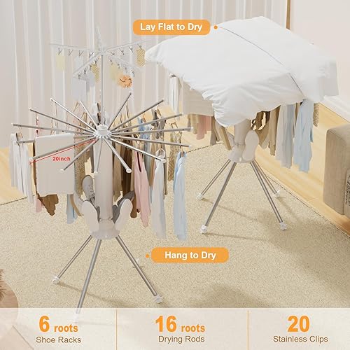Miniatura 4 de Estante de Secado de Ropa Plegable, Perchero Portátil de 4 Patas con 20 Clips, Secador de Zapatos, Perchero de Secado de Ropa para Exteriores con 4
