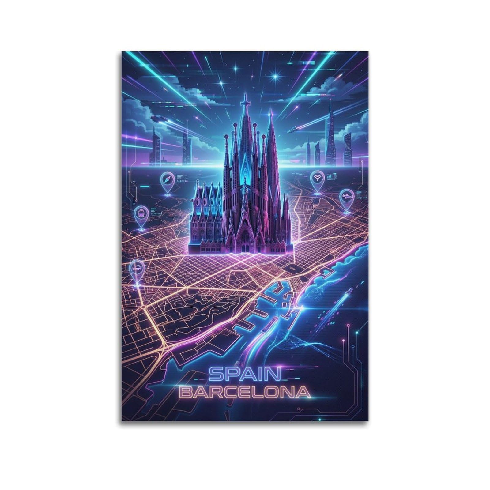 XKUGA Barcelona Spain Future City Neon Travel Poster Modern Decorative Canvas Prints - Ideal Wall Art for Family, Man Cave, Game Room, Boys & Girls Bedroom 24x36inch(60x90cm)